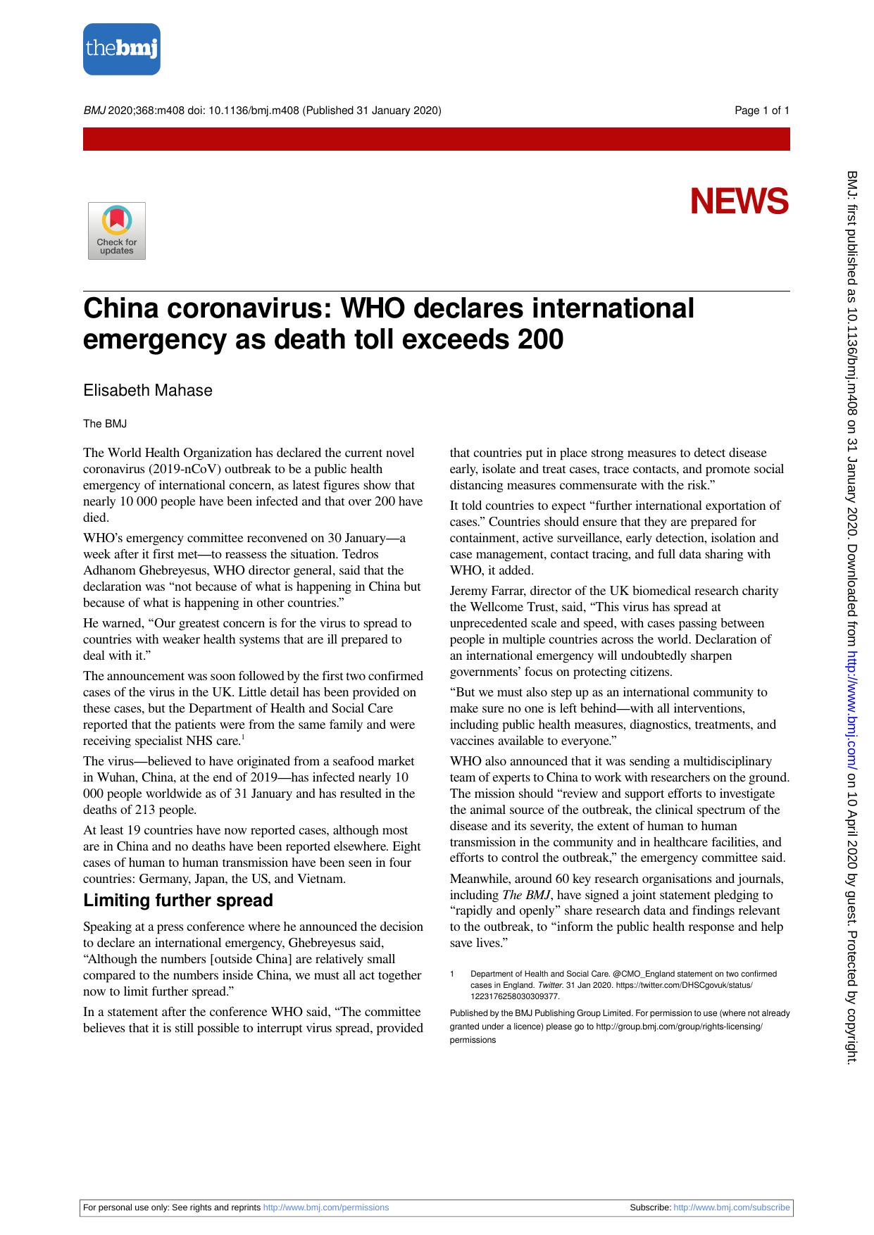 China coronavirus: WHO declares international emergency as death toll exceeds 200 by Elisabeth Mahase