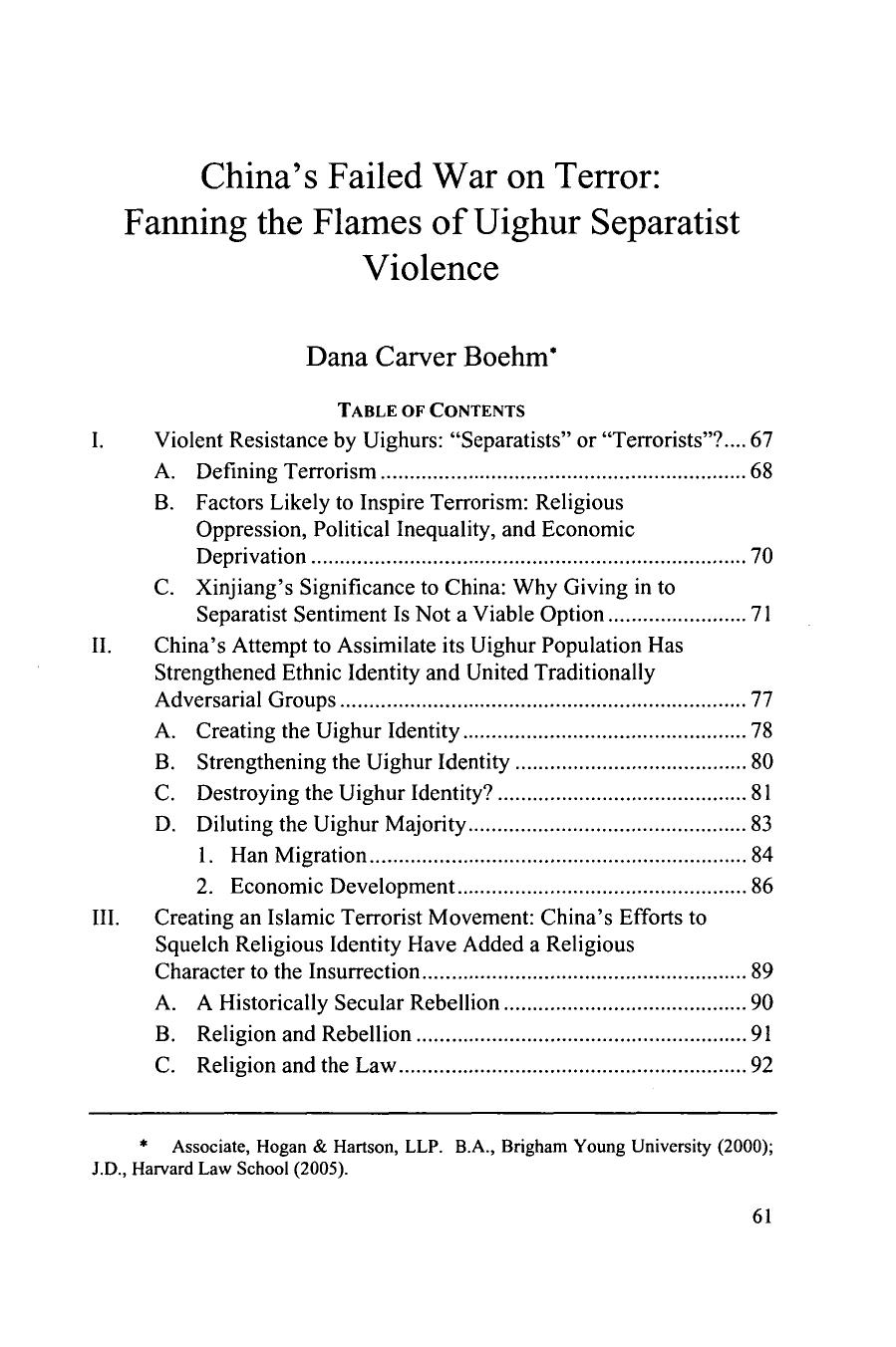 China's Failed War on Terror: Fanning the Flames of Uighur Separatist Violence by Dana Carver Boehm