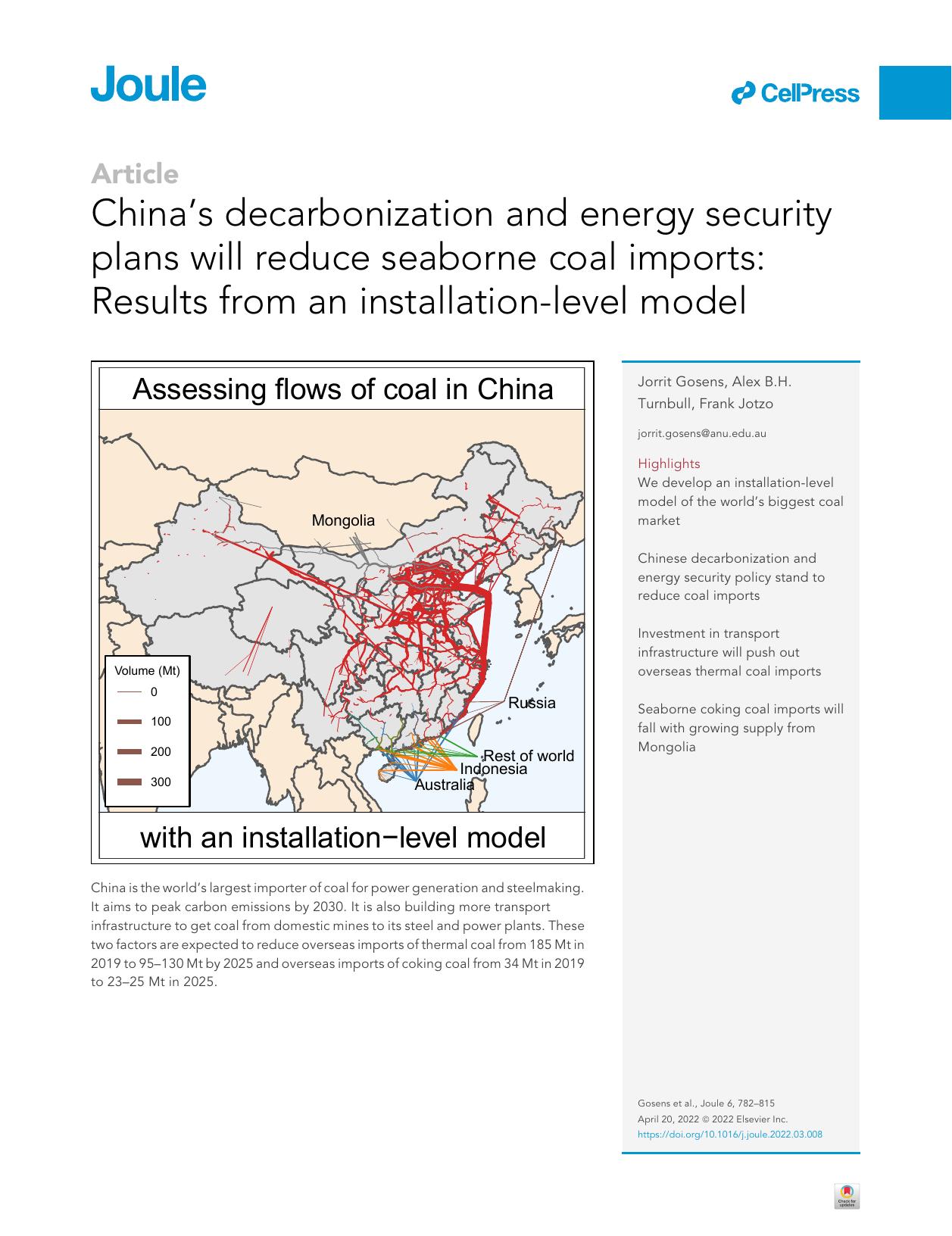 China's decarbonization and energy security plans will reduce seaborne coal imports: Results from an installation-level model by Jorrit Gosens & Alex B.H. Turnbull & Frank Jotzo
