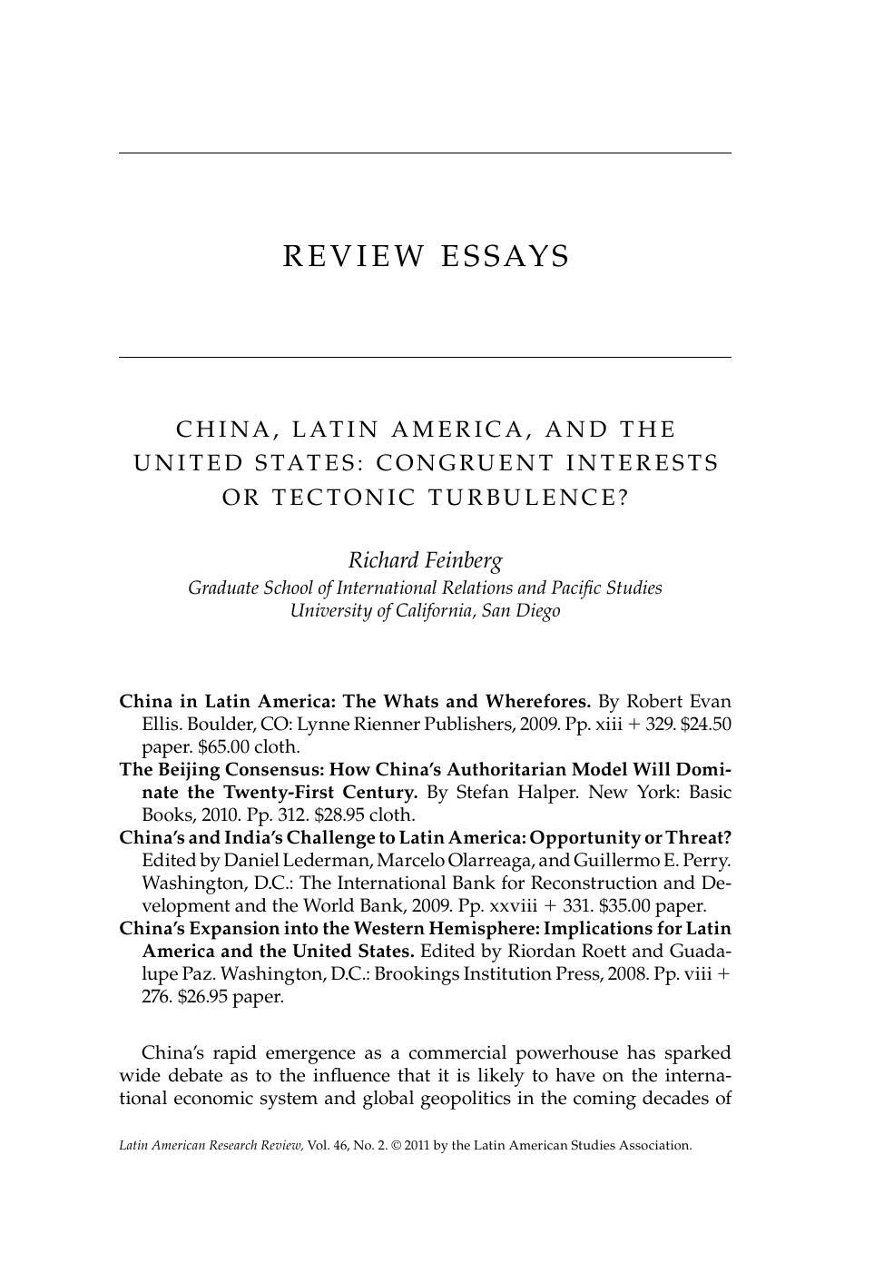 China, Latin Ðmerica, Ð°nd the United States: Congruent interests or tectonic turbulence? by Feinberg Richard