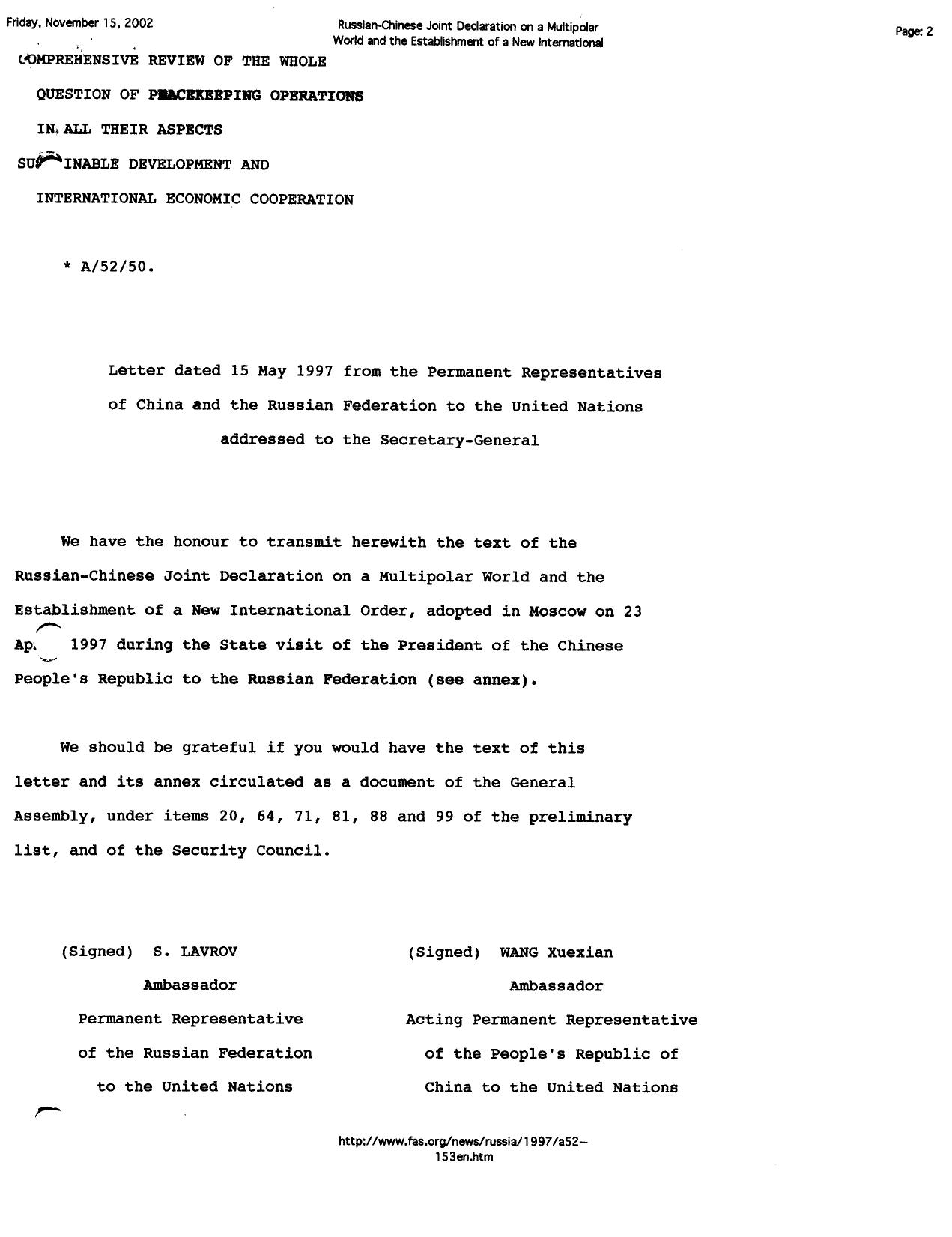 Chinese Russian Declaration Letter to UN-Peacekeeping and Sustainable Development-1997-7pgs-POL by Unknown