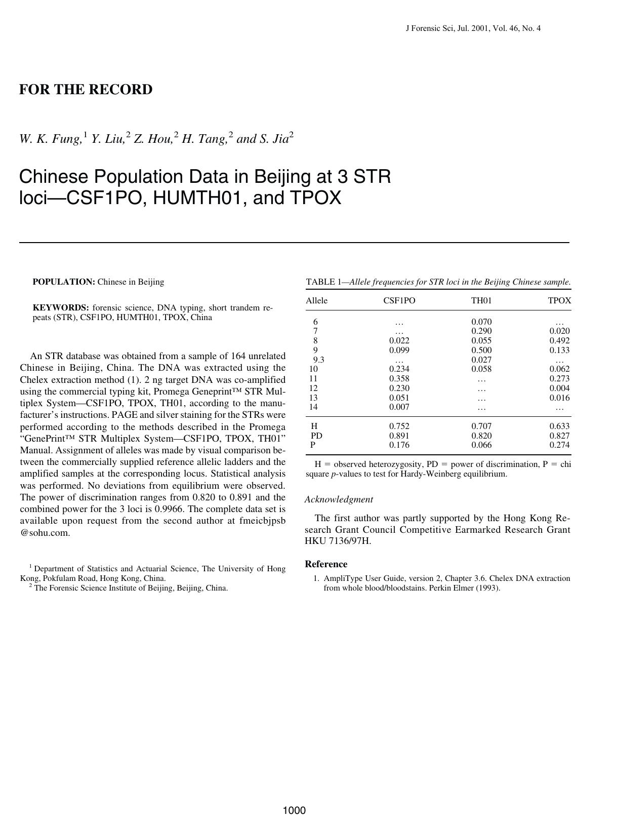 Chinese population data in Beijing at 3 STR loci--CSF1PO, HUMTH01, and TPOX by Fung WK Liu Y Hou Z Tang H Jia S