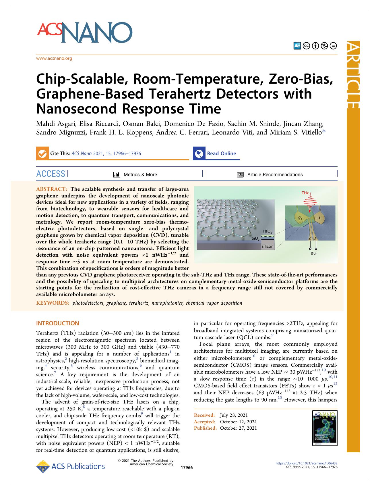 Chip-Scalable, Room-Temperature, Zero-Bias, Graphene-Based Terahertz Detectors with Nanosecond Response Time by unknow