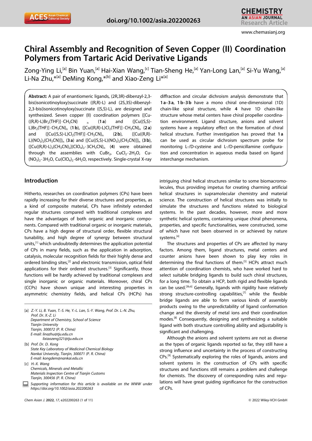 Chiral Assembly and Recognition of Seven Copper (II) Coordination Polymers from Tartaric Acid Derivative Ligands by Unknown