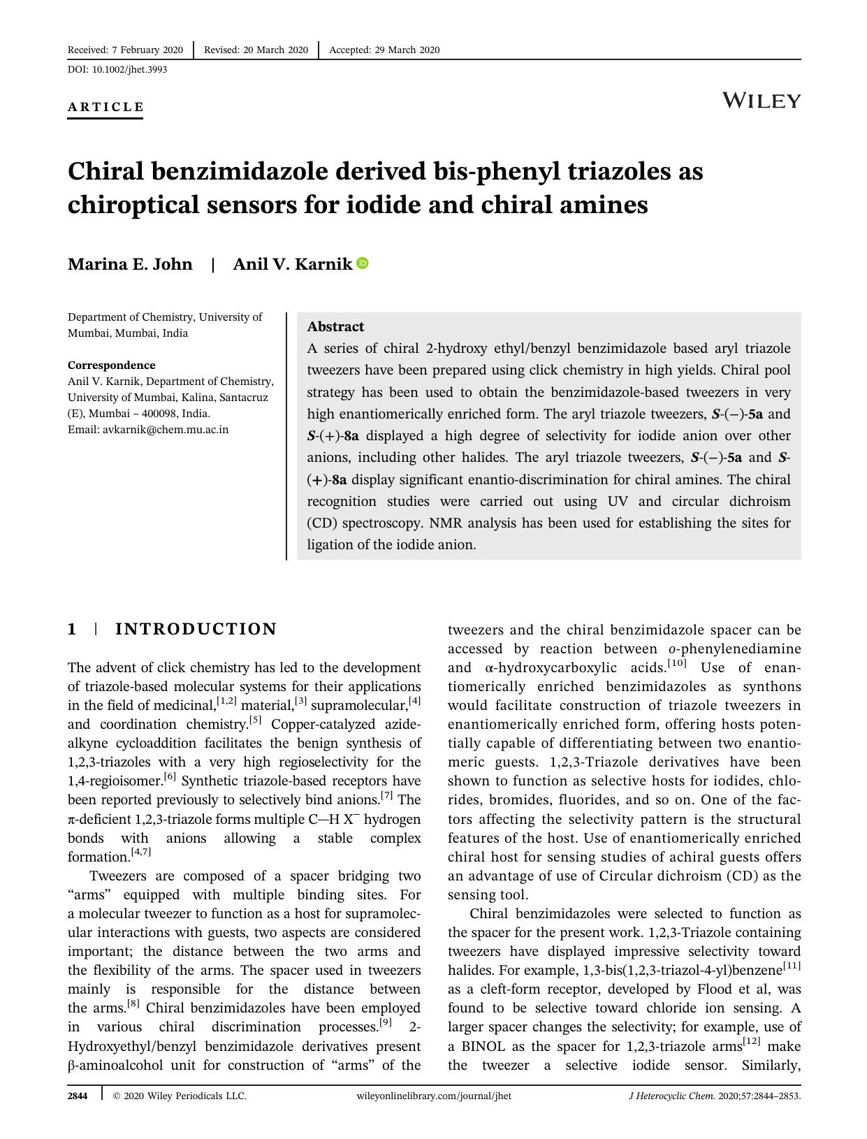 Chiral Benzimidazole derived bis-phenyl Triazoles as Chiroptical Sensors for Iodide and Chiral Amines by Unknown