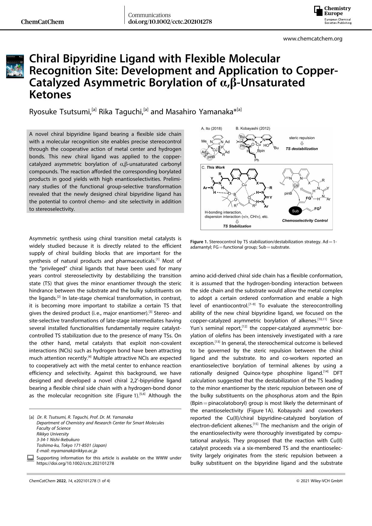 Chiral Bipyridine Ligand with Flexible Molecular Recognition Site: Development and Application to CopperâCatalyzed Asymmetric Borylation of Î±,Î²âUnsaturated Ketones by Unknown