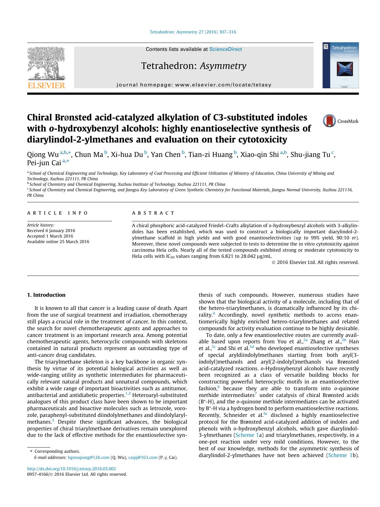 Chiral BrÃÂ¸nsted acid-catalyzed alkylation of C3-substituted indoles with o-hydroxybenzyl alcohols: highly enantioselective synthesis of diarylindol-2-ylmethanes and evaluation on their cytotoxicity by unknow