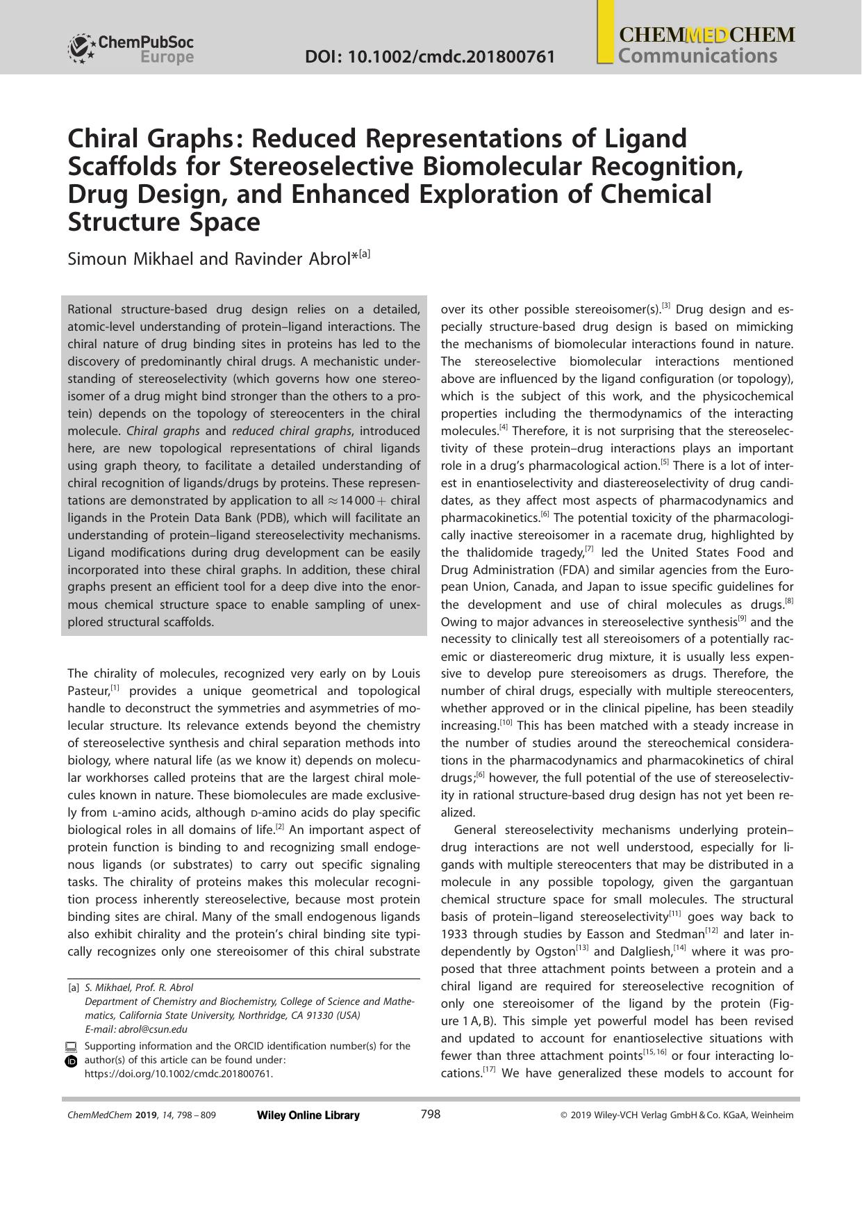 Chiral Graphs: Reduced Representations of Ligand Scaffolds for Stereoselective Biomolecular Recognition, Drug Design, and Enhanced Exploration of Chemical Structure Space by Unknown