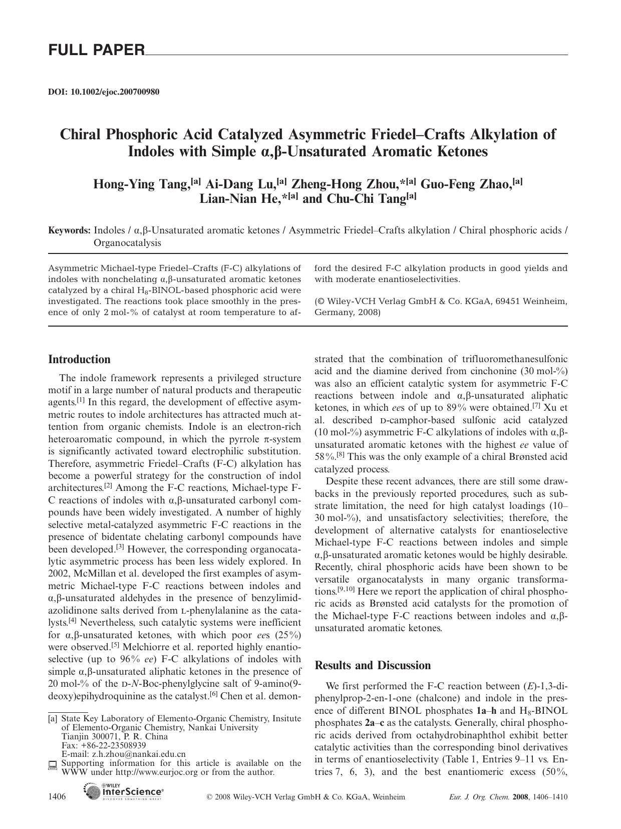 Chiral Phosphoric Acid Catalyzed Asymmetric Friedel-Crafts Alkylation of Indoles with Simple [alpha],[beta]-Unsaturated Aromatic Ketones by Unknown