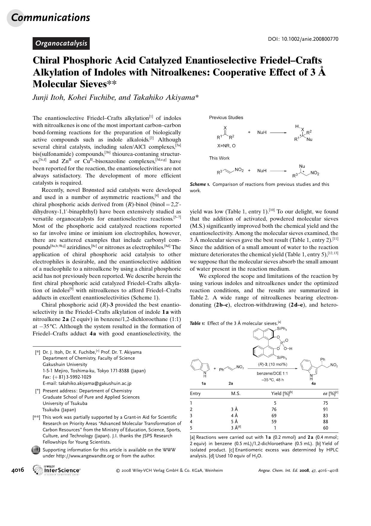 Chiral Phosphoric Acid Catalyzed Enantioselective Friedel-Crafts Alkylation of Indoles with Nitroalkenes: Cooperative Effect of 3[emsp14]Ã Molecular Sieves by Unknown
