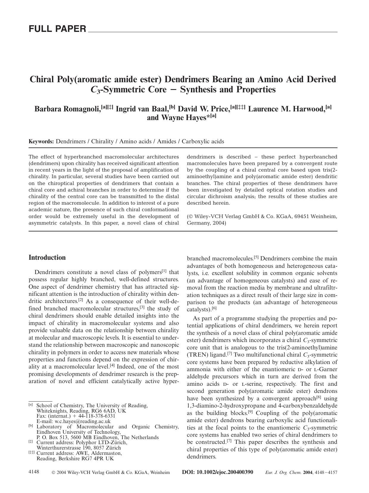 Chiral Poly(aromatic amide ester) Dendrimers Bearing an Amino Acid Derived C3-Symmetric Core [minus] Synthesis and Properties by Unknown