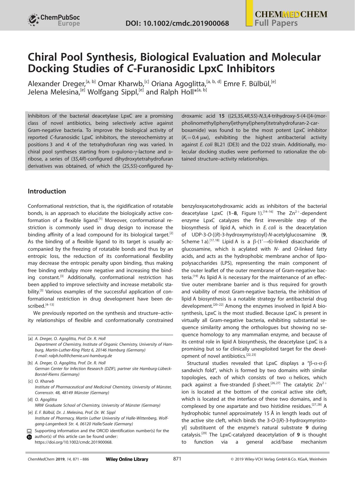 Chiral Pool Synthesis, Biological Evaluation and Molecular Docking Studies of CâFuranosidic LpxC Inhibitors by Unknown