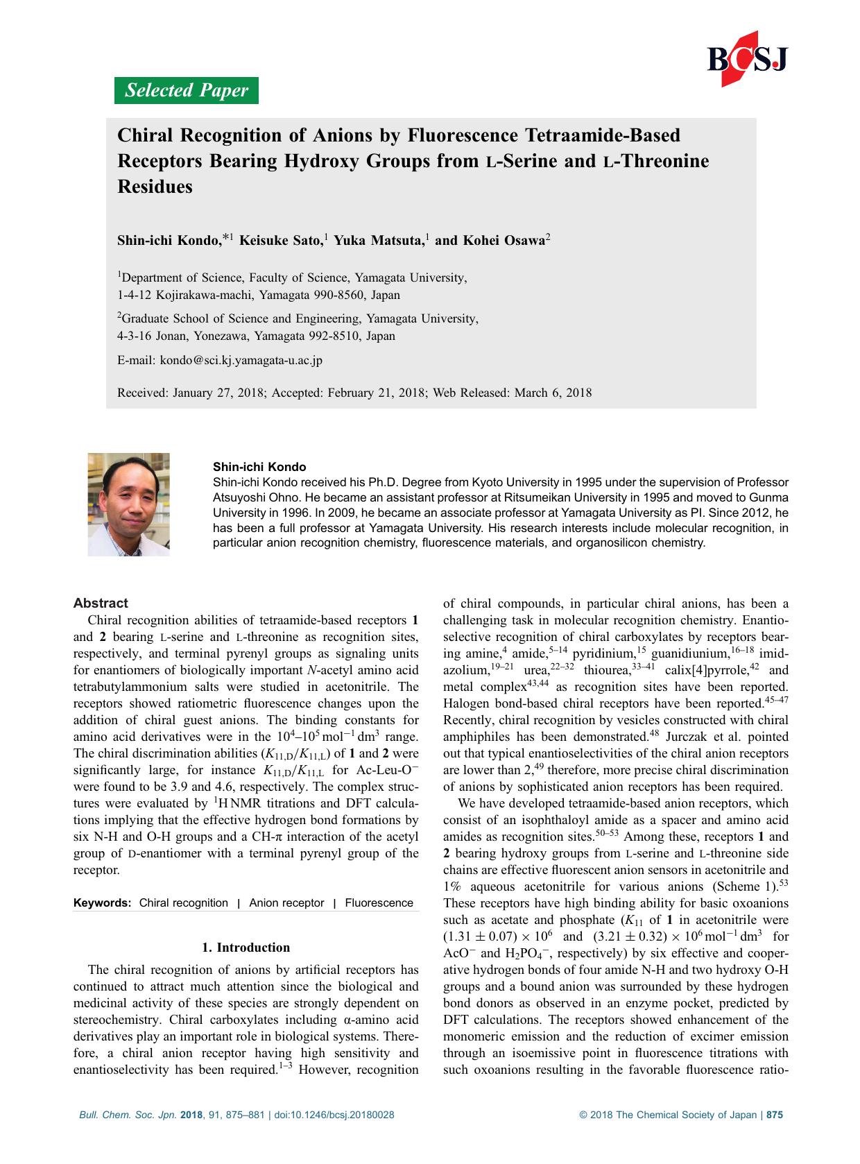 Chiral Recognition of Anions by Fluorescence Tetraamide-Based Receptors Bearing Hydroxy Groups from l-Serine and l-Threonine Residues by Unknown