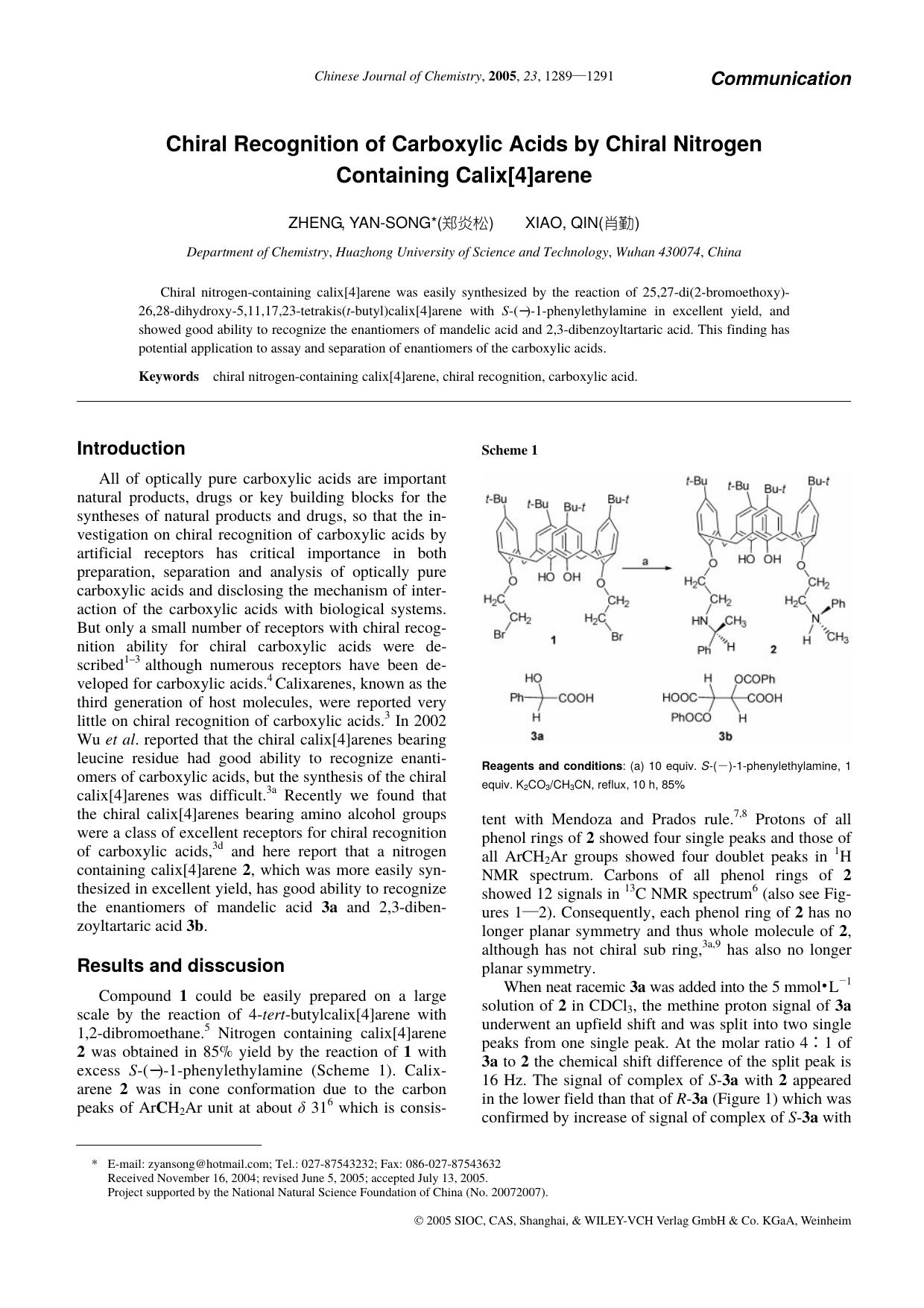 Chiral Recognition of Carboxylic Acids by Chiral Nitrogen Containing Calix[4]arene by lhbjs