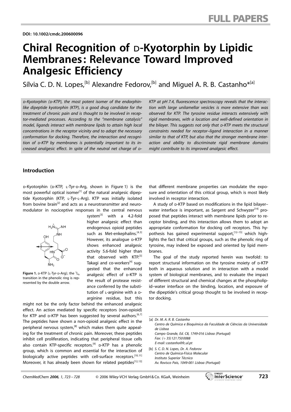 Chiral Recognition of D-Kyotorphin by Lipidic Membranes: Relevance Toward Improved Analgesic Efficiency by Unknown