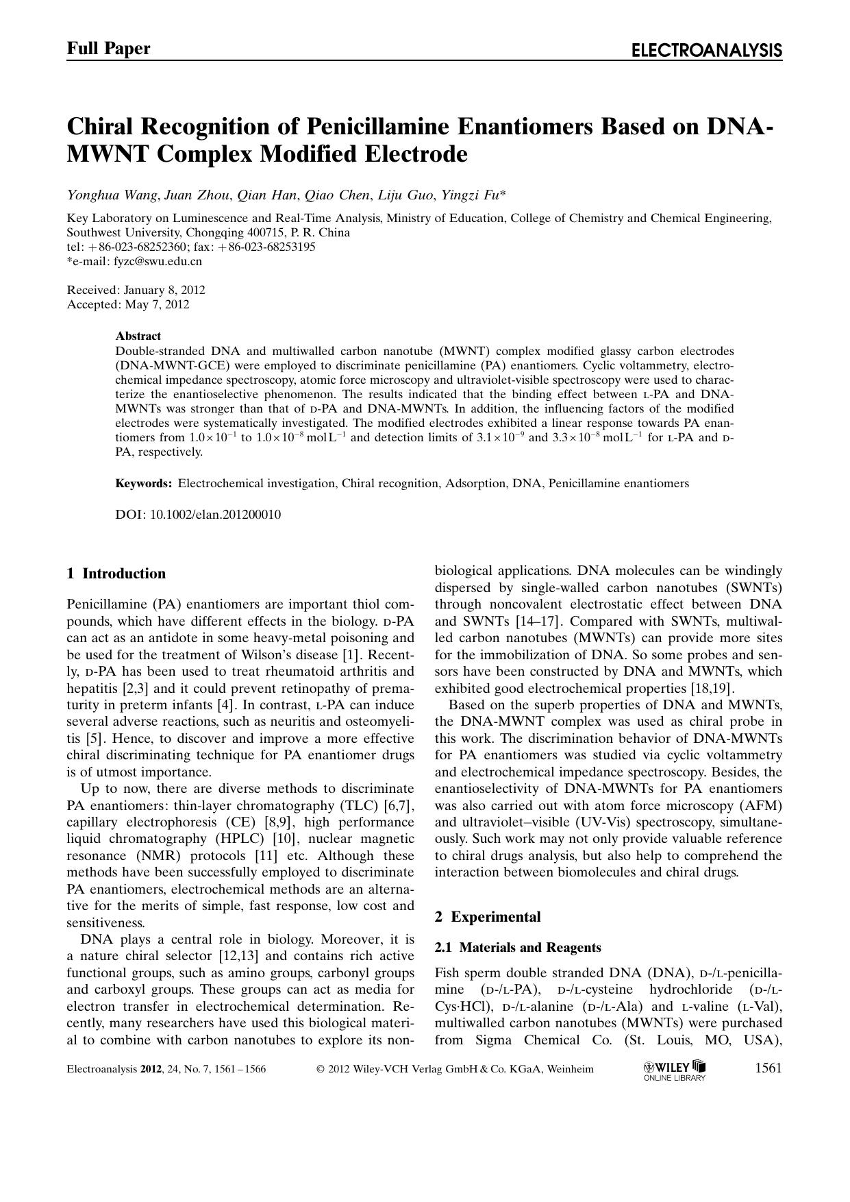 Chiral Recognition of Penicillamine Enantiomers Based on DNAMWNT Complex Modified Electrode by Unknown
