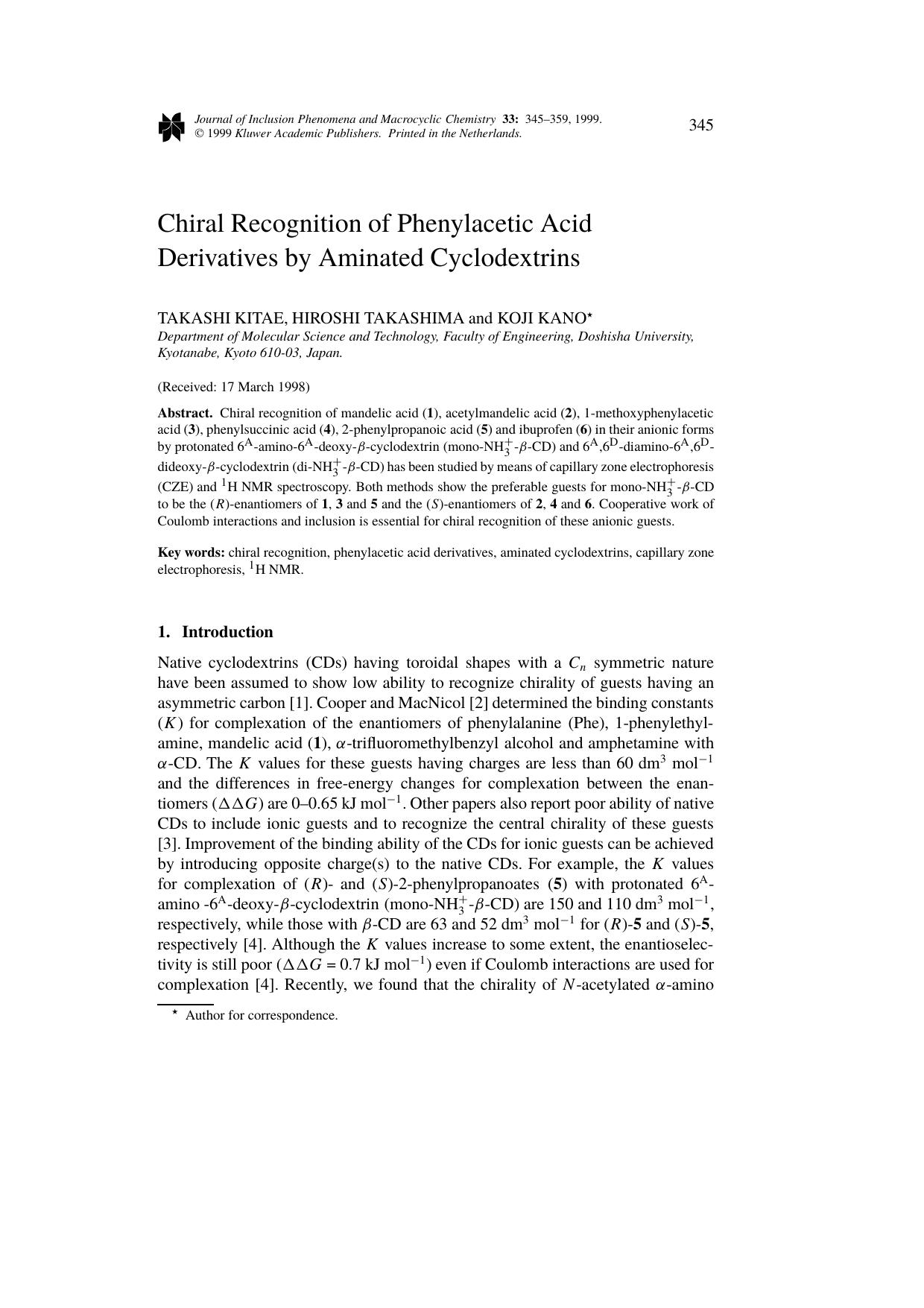 Chiral Recognition of Phenylacetic Acid Derivatives by Aminated Cyclodextrins by Unknown