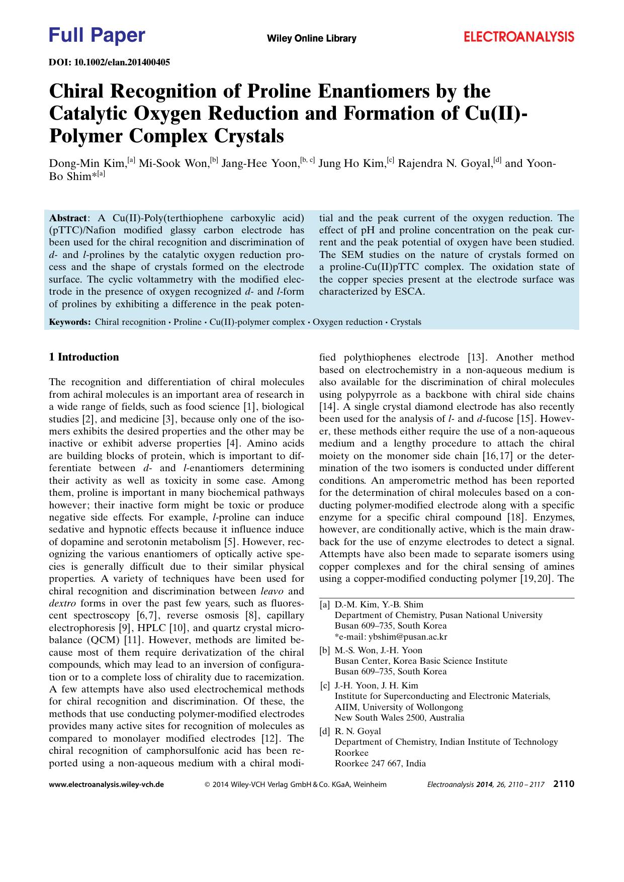 Chiral Recognition of Proline Enantiomers by the Catalytic Oxygen Reduction and Formation of Cu(II)Polymer Complex Crystals by Unknown
