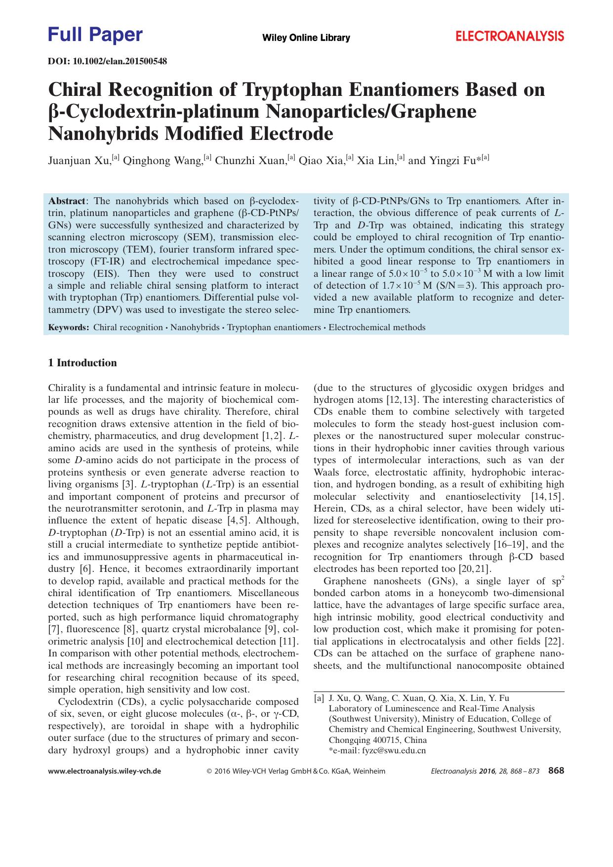 Chiral Recognition of Tryptophan Enantiomers Based on Cyclodextrinplatinum NanoparticlesGraphene Nanohybrids Modified Electrode by Unknown