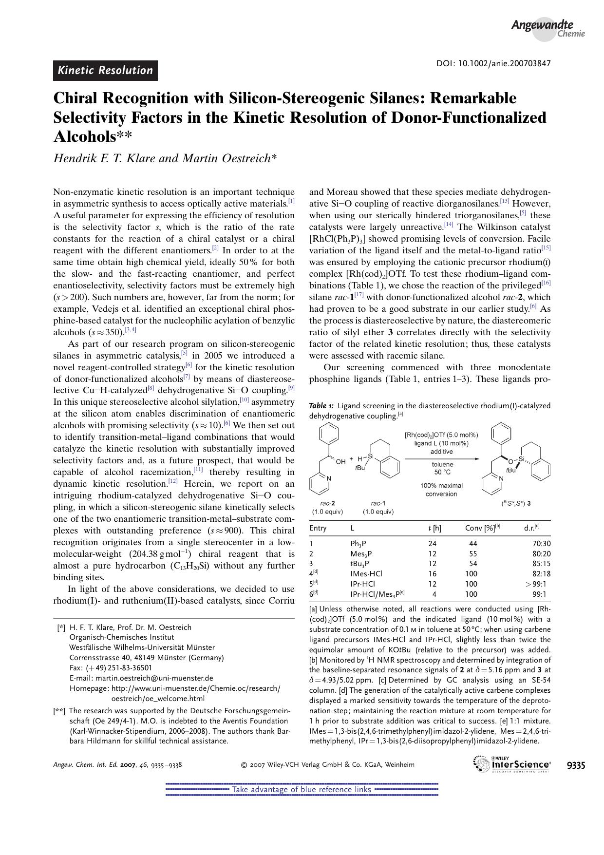 Chiral Recognition with Silicon-Stereogenic Silanes: Remarkable Selectivity Factors in the Kinetic Resolution of Donor-Functionalized Alcohols by Unknown