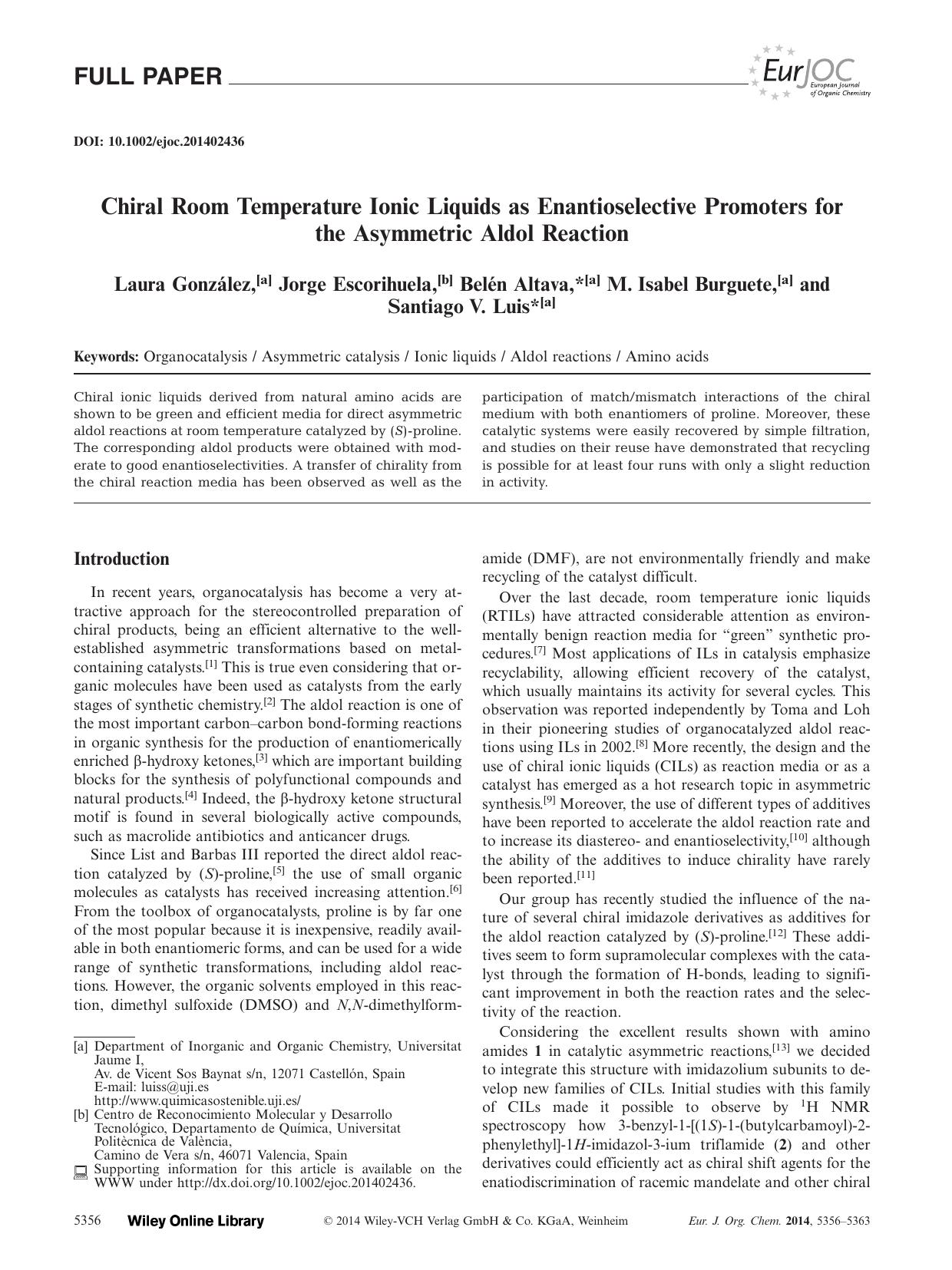 Chiral Room Temperature Ionic Liquids as Enantioselective Promoters for the Asymmetric Aldol Reaction by Unknown