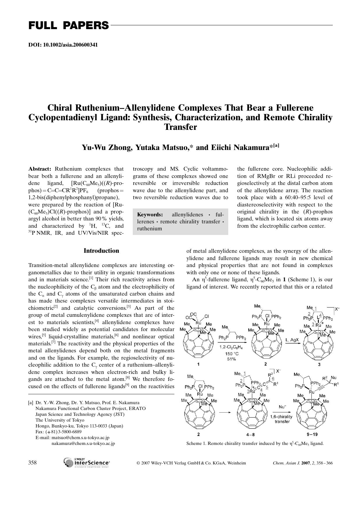 Chiral Ruthenium-Allenylidene Complexes That Bear a Fullerene Cyclopentadienyl Ligand: Synthesis, Characterization, and Remote Chirality Transfer by Unknown