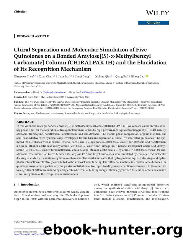 Chiral Separation and Molecular Simulation of Five Quinolones on a Bonded Amylose[(S)âÎ±âMethylbenzyl Carbamate] Column (CHIRALPAK IH) and the Elucidation of Its Recognition Mechanism by Unknown