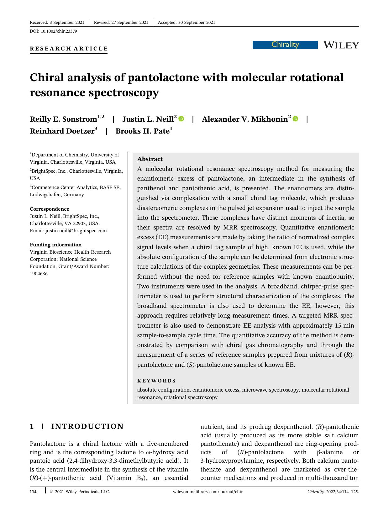 Chiral analysis of pantolactone with molecular rotational resonance spectroscopy by Reilly E. Sonstrom Justin L. Neill Alexander V. Mikhonin Reinhard Doetzer Brooks H. Pate