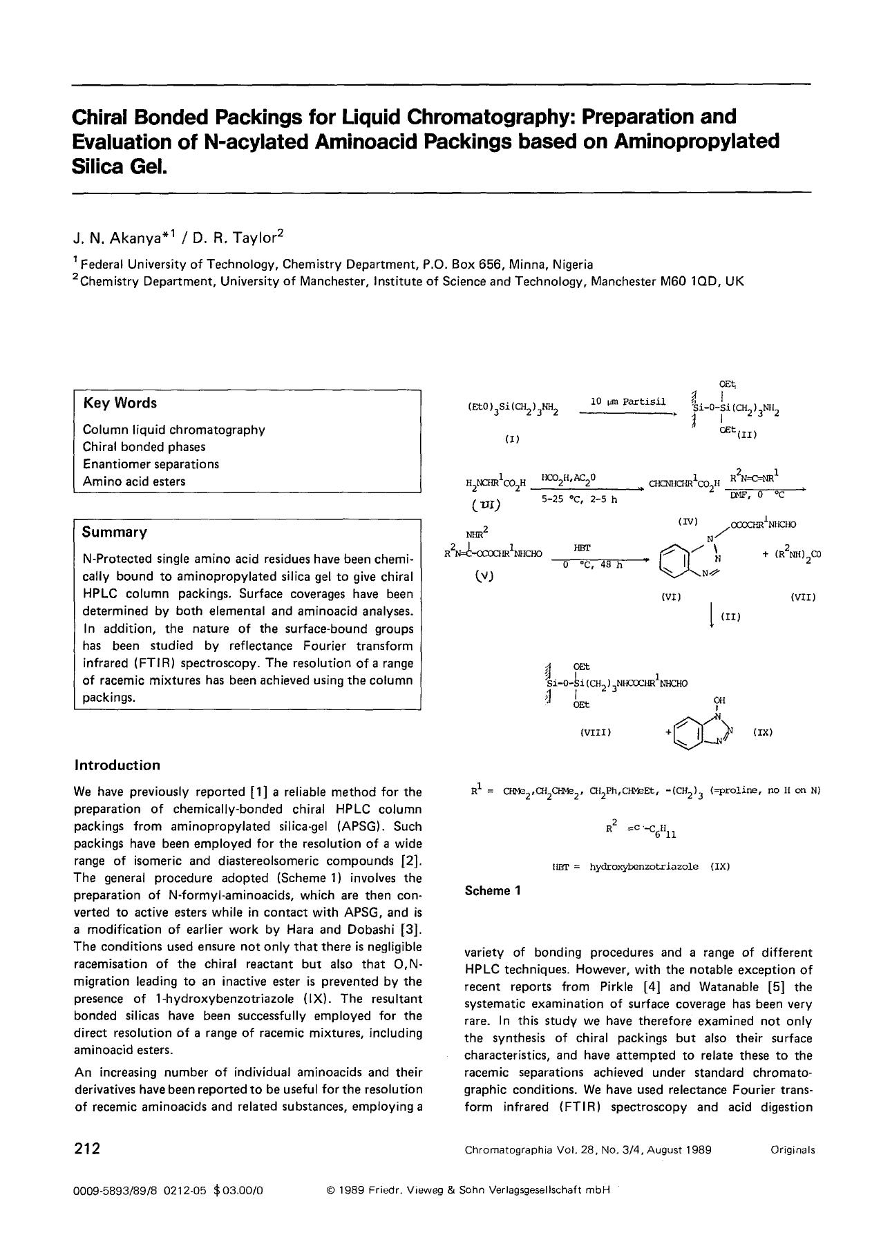 Chiral bonded packings for liquid chromatography: Preparation and evaluation of N-acylated aminoacid packings based on aminopropylated silica gel by Unknown