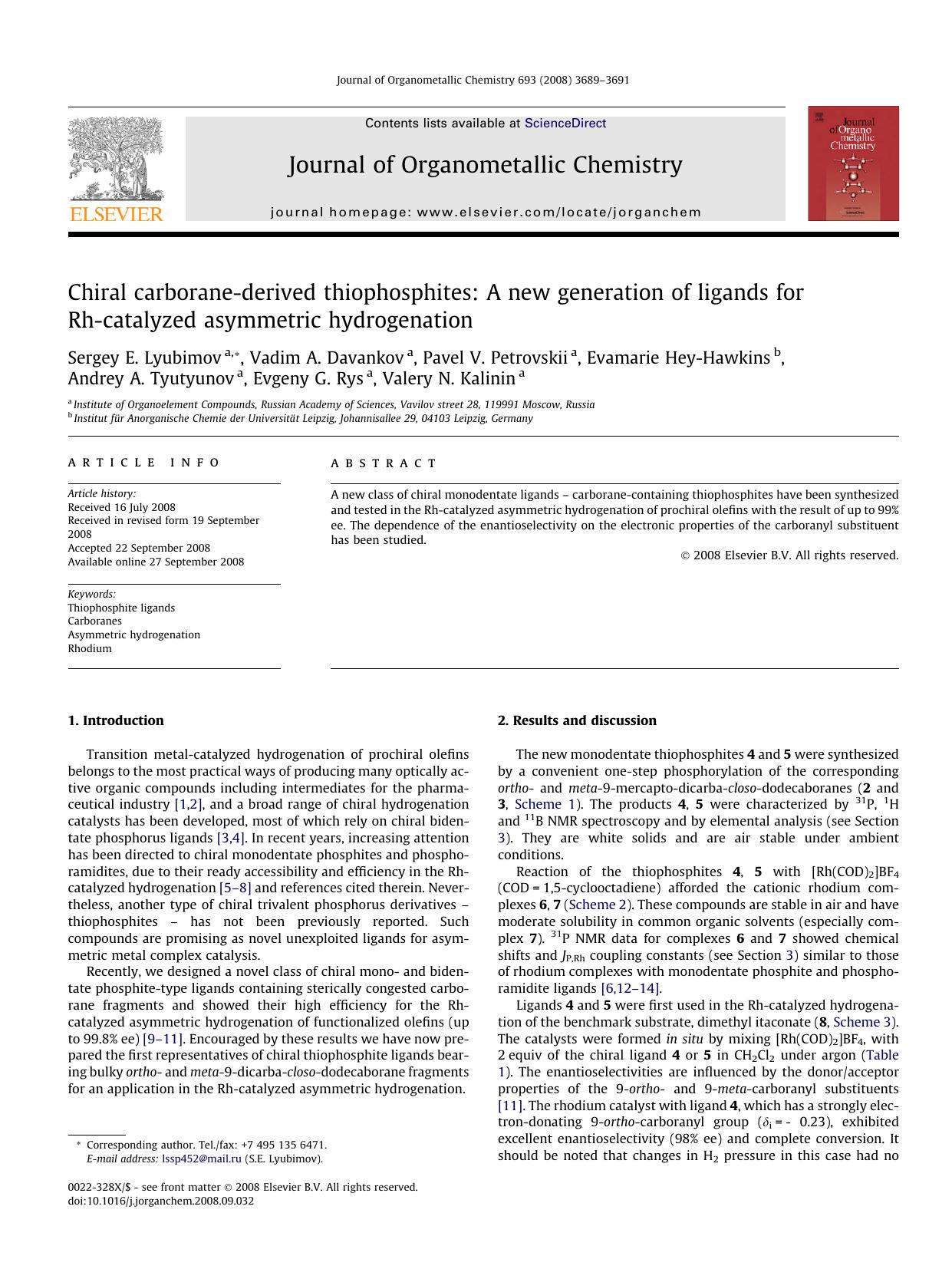 Chiral carborane-derived thiophosphites: A new generation of ligands for Rh-catalyzed asymmetric hydrogenation by unknow