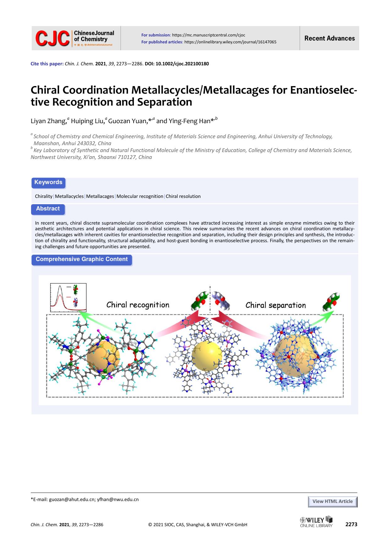 Chiral coordination metallacyclesmetallacages for enantioselec-tive recognition and separation by USER