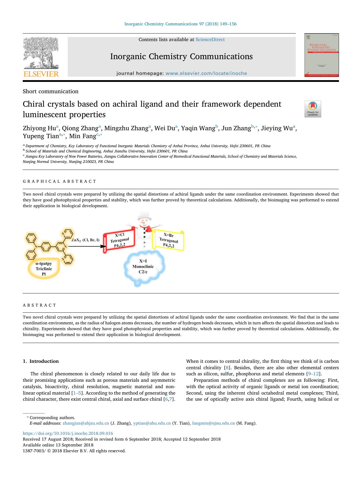 Chiral crystals based on achiral ligand and their framework dependent luminescent properties by unknow