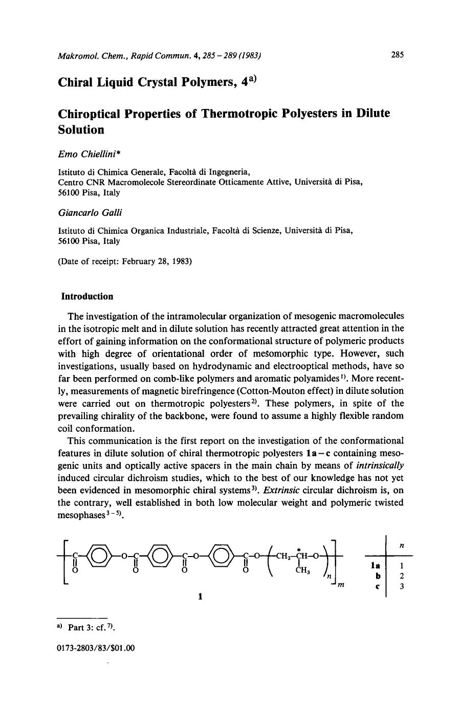 Chiral liquid crystal polymers, 4. Chiroptical properties of thermotropic polyesters in dilute solution by Unknown