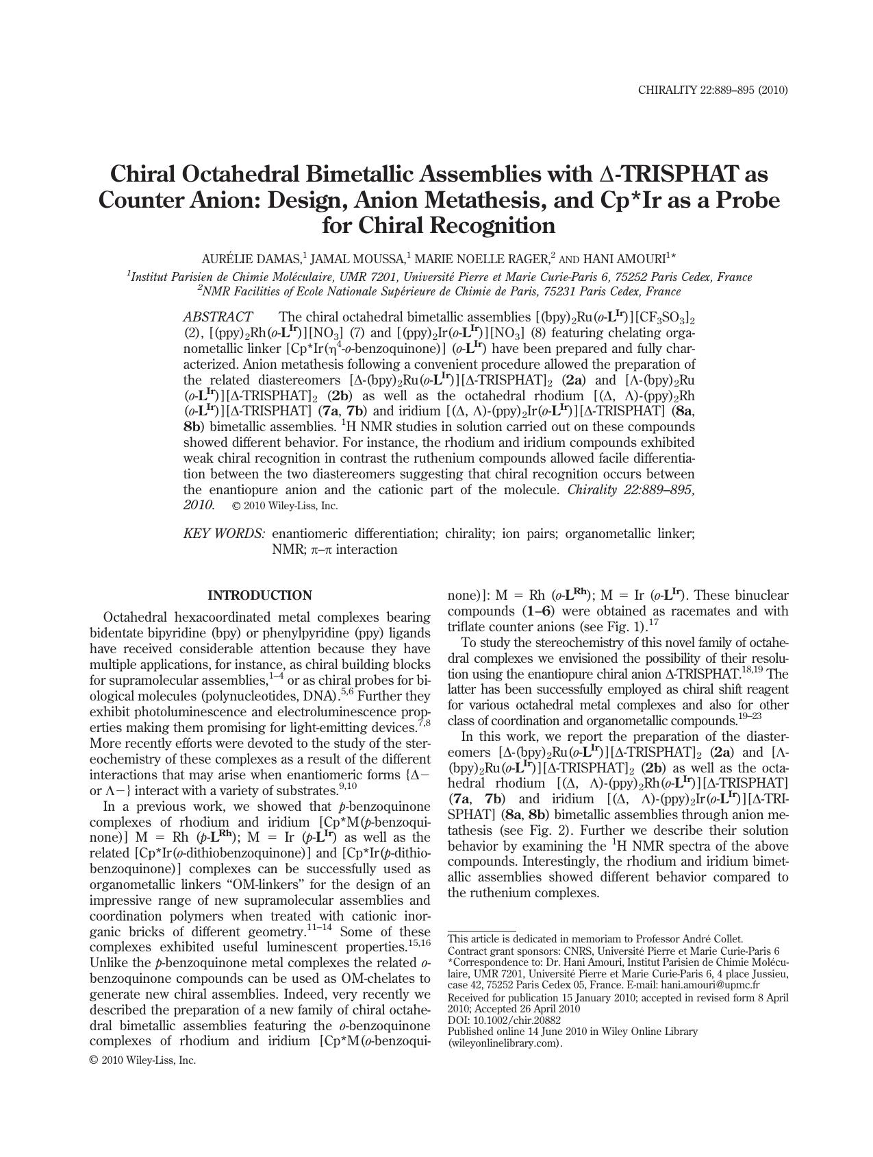 Chiral octahedral bimetallic assemblies with ??TRISPHAT as counter anion: Design, anion metathesis, and Cp*Ir as a probe for chiral recognition by Unknown