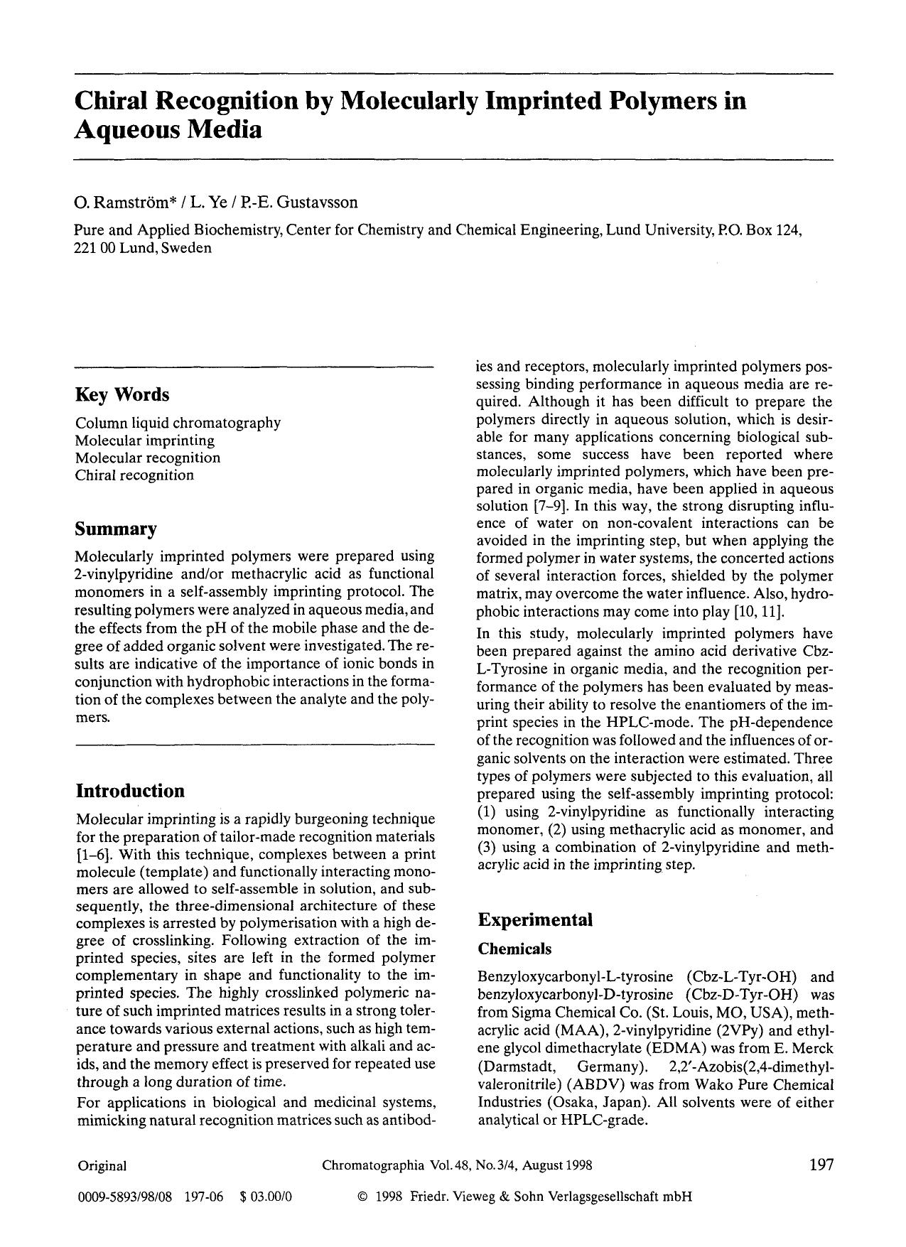 Chiral recognition by molecularly imprinted polymers in aqueous media by Unknown