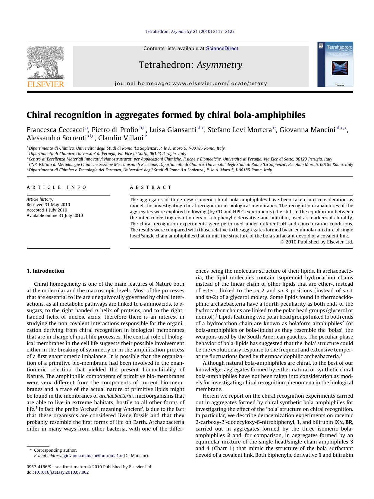 Chiral recognition in aggregates formed by chiral bola-amphiphiles by unknow