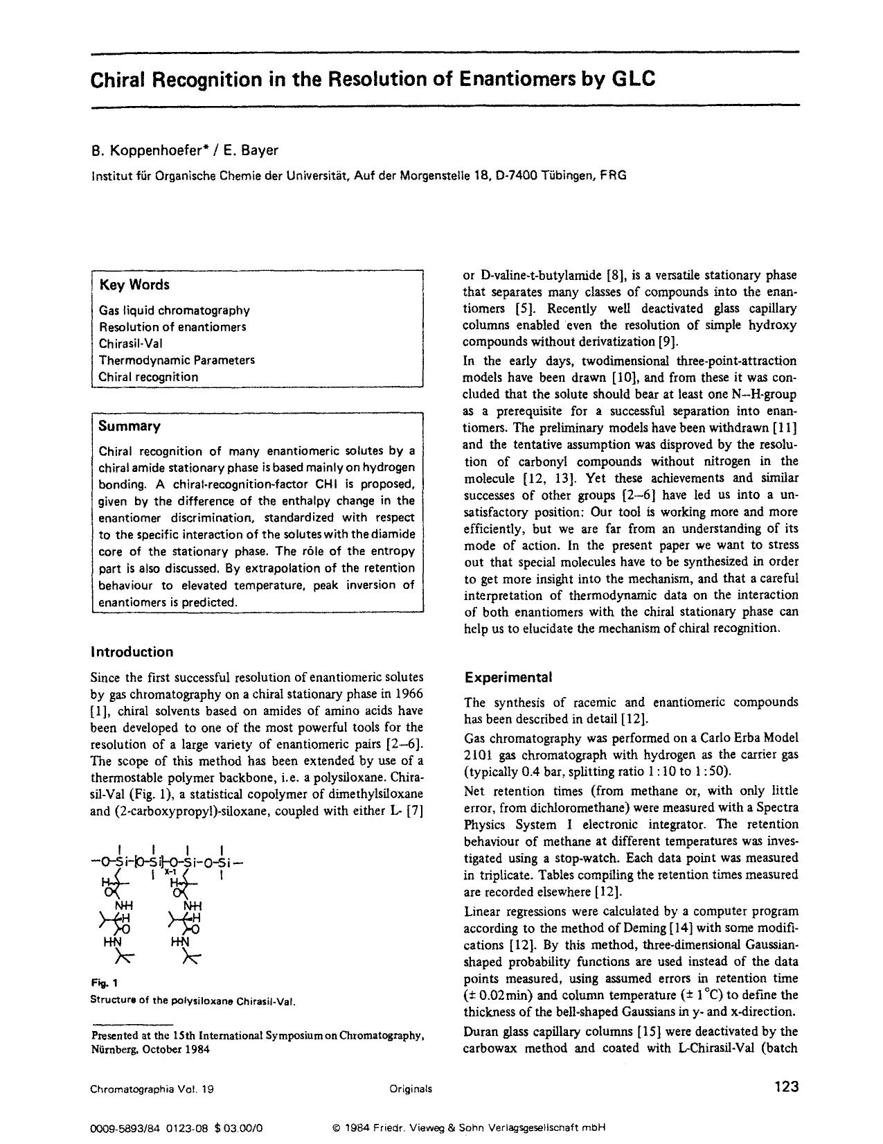 Chiral recognition in the resolution of enantiomers by GLC by Unknown