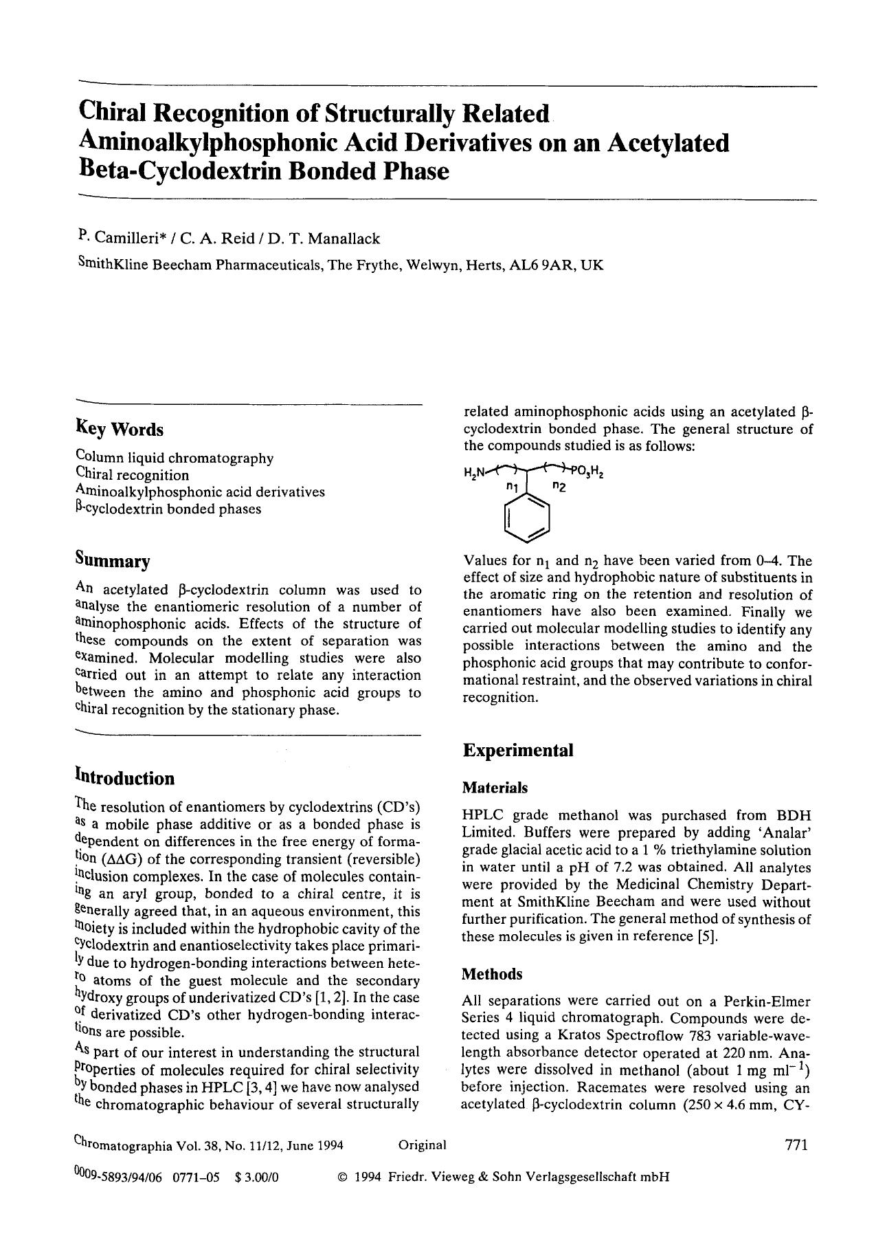 Chiral recognition of structurally related aminoalkylphosphonic acid derivatives on an acetylated beta-cyclodextrin bonded phase by Unknown