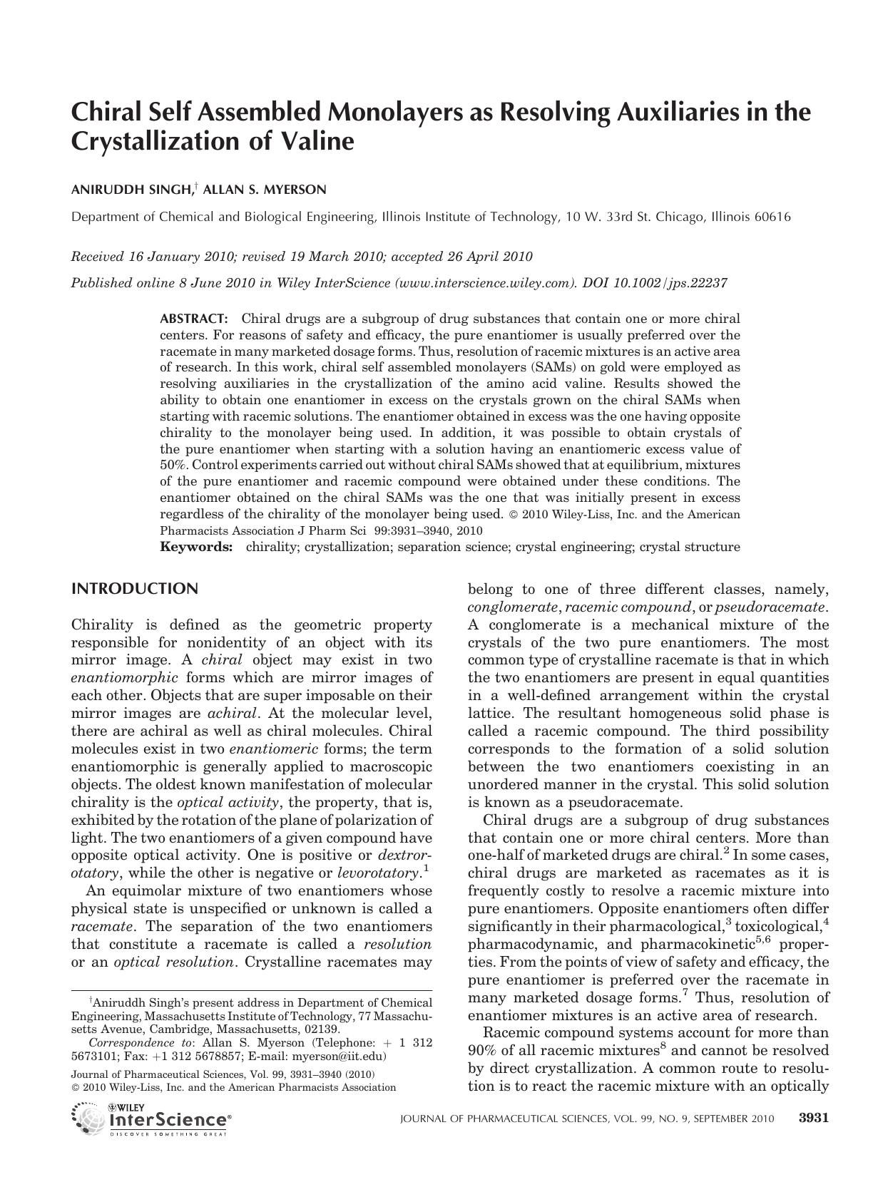 Chiral self assembled monolayers as resolving auxiliaries in the crystallization of valine by Unknown