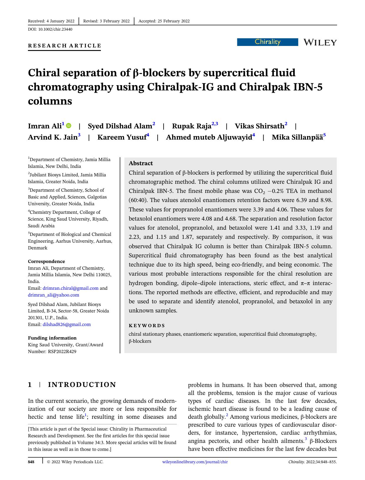 Chiral separation of âblockers by supercritical fluid chromatography using ChiralpakâIG and Chiralpak IBNâ5 columns by unknow