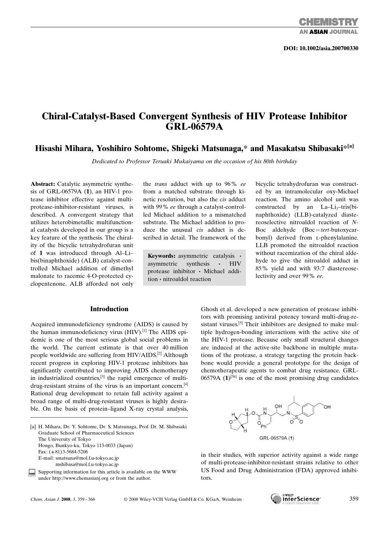 Chiral-Catalyst-Based Convergent Synthesis of HIV Protease Inhibitor GRL-06579A by Unknown