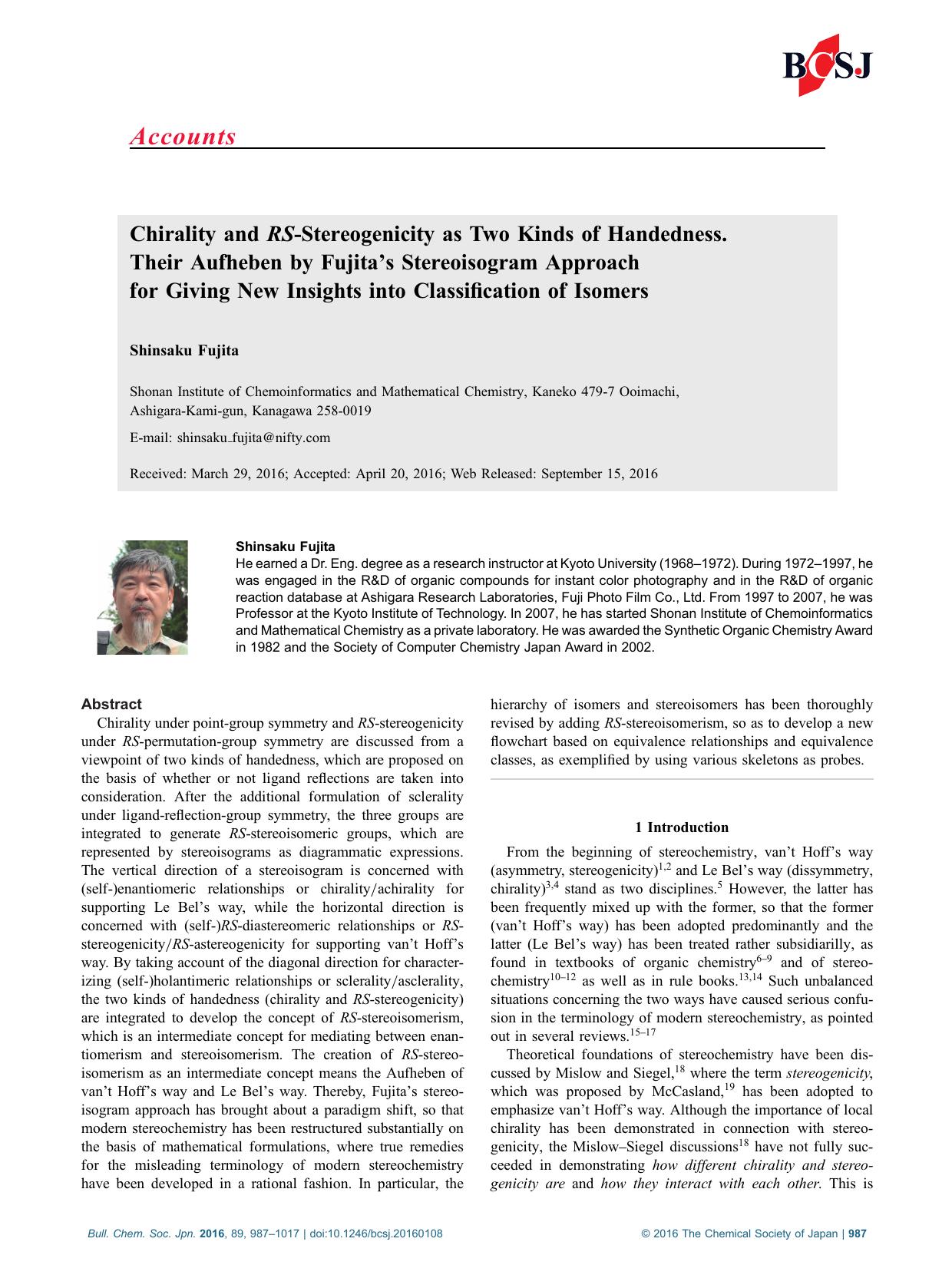 Chirality and RS-Stereogenicity as Two Kinds of Handedness. Their Aufheben by Fujitaâs Stereoisogram Approach for Giving New Insights into Classification of Isomers by Unknown