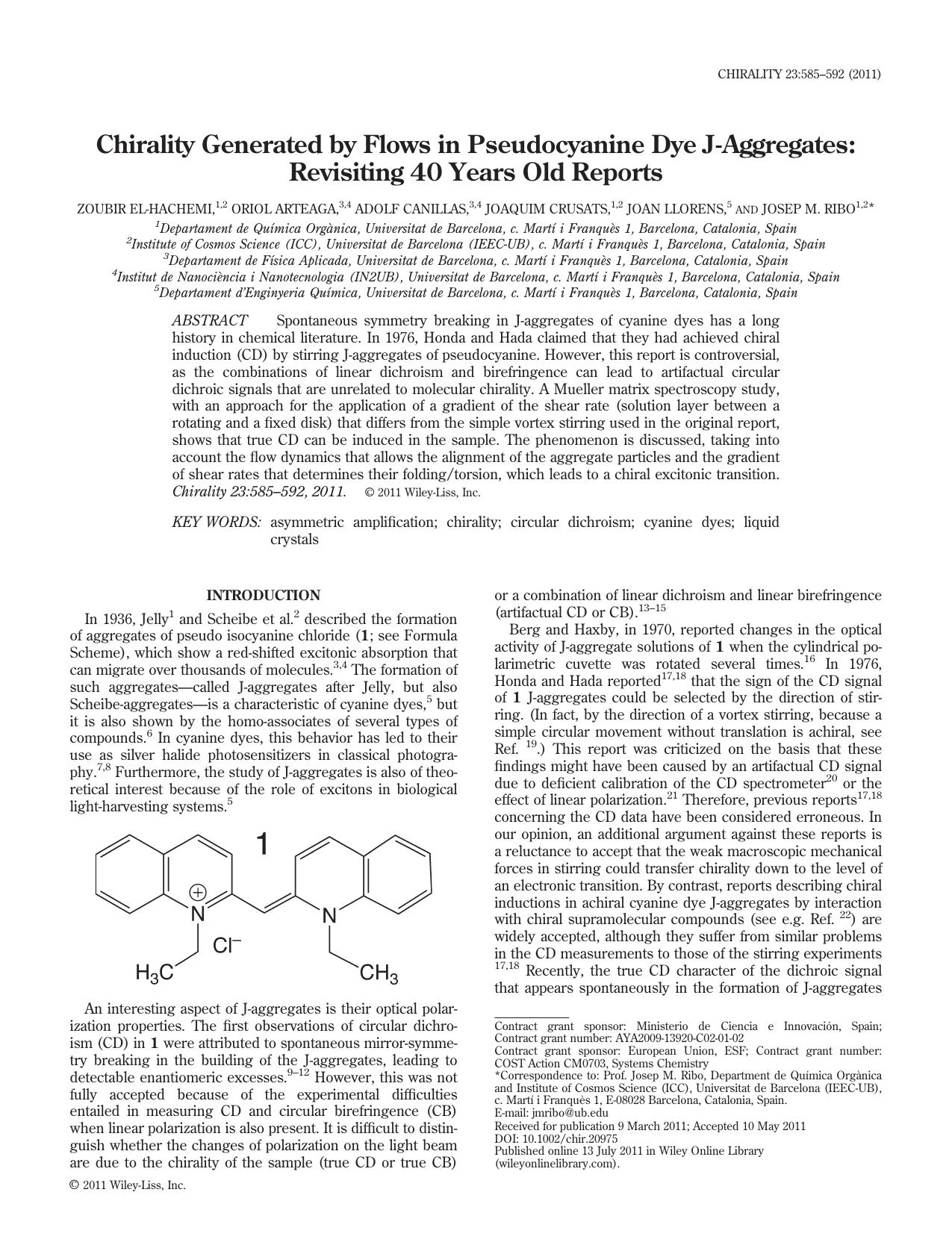 Chirality generated by flows in pseudocyanine dye Jaggregates: Revisiting 40 years old reports by Unknown