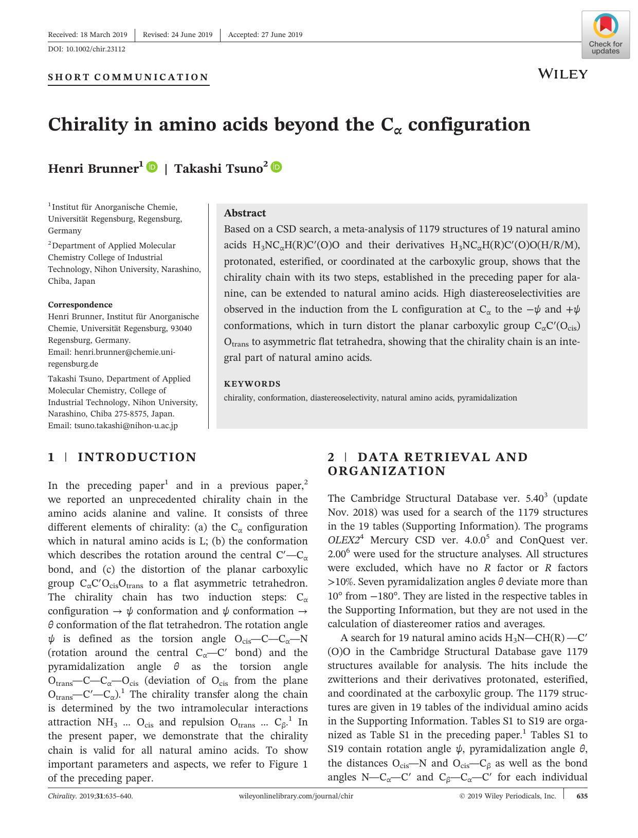 Chirality in amino acids beyond the CÎ± configuration by Henri Brunner & Takashi Tsuno