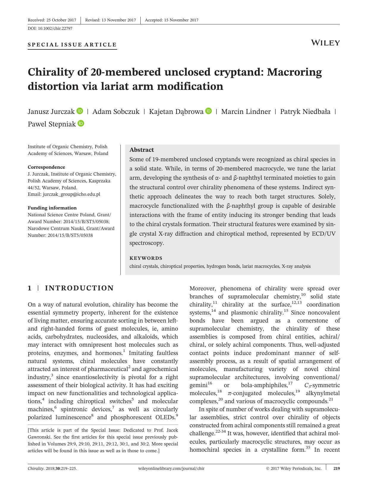 Chirality of 20âmembered unclosed cryptand: Macroring distortion via lariat arm modification by Janusz Jurczak Adam Sobczuk Kajetan Dąbrowa Marcin Lindner Patryk Niedbała Pawel Stepniak