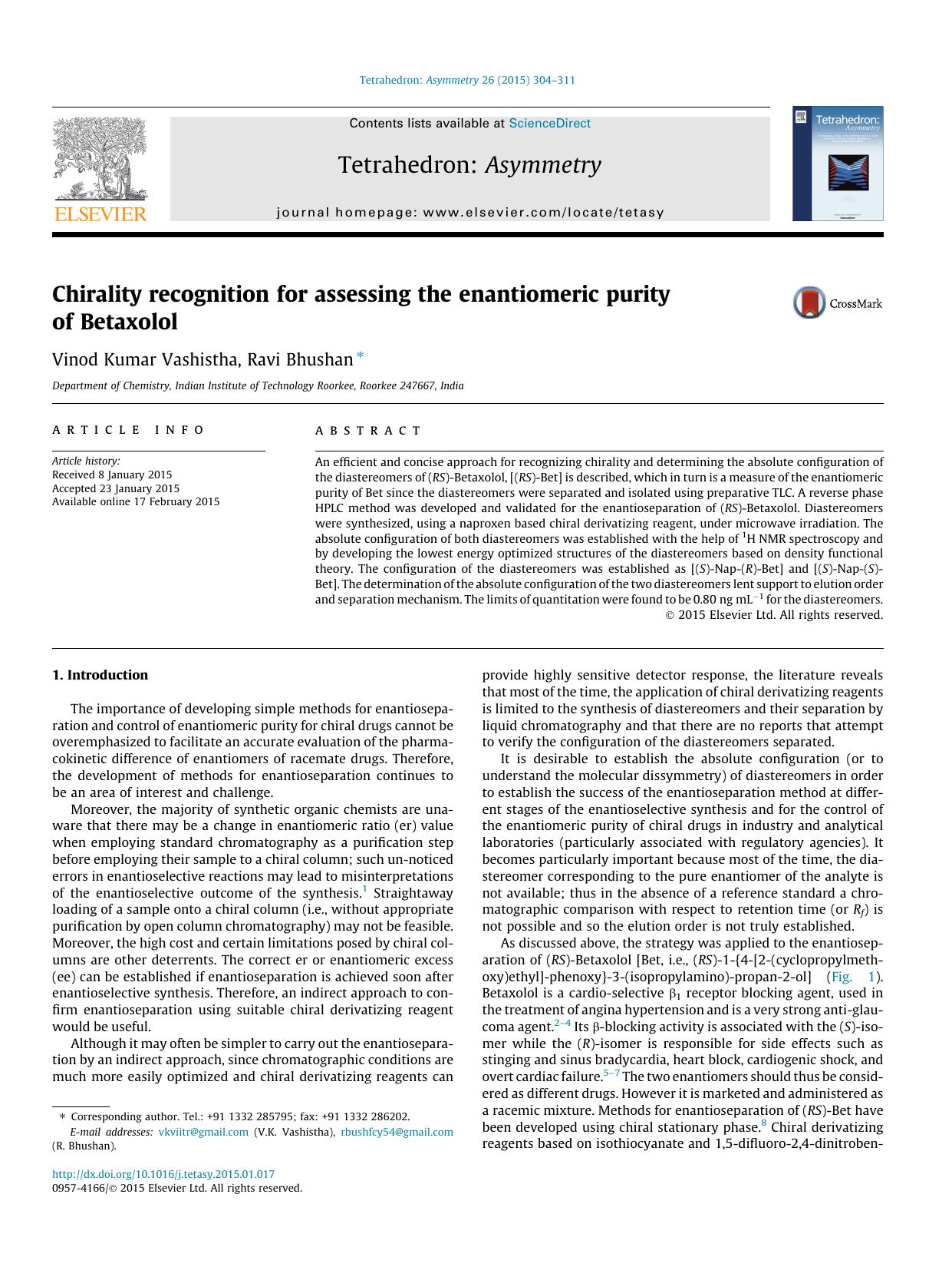Chirality recognition for assessing the enantiomeric purity of Betaxolol by Vinod Kumar Vashistha & Ravi Bhushan