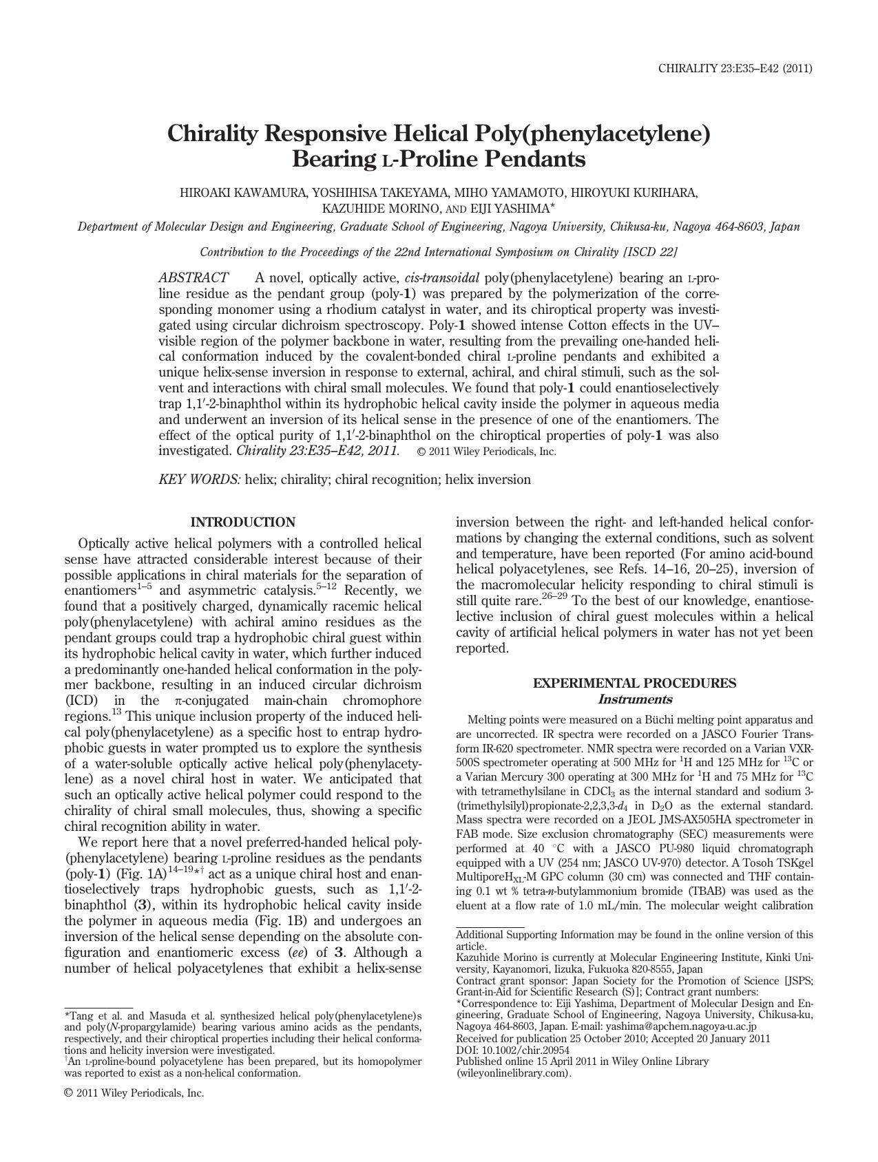 Chirality responsive helical poly(phenylacetylene) bearing Lproline pendants by Unknown
