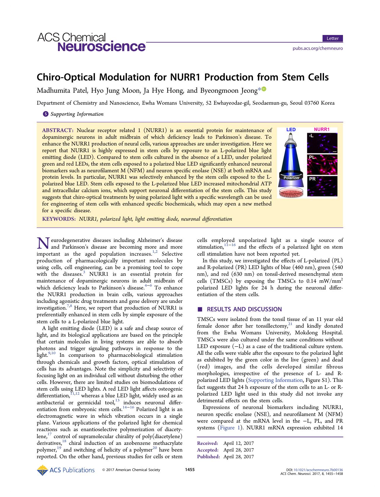 Chiro-Optical Modulation for NURR1 Production from Stem Cells by Madhumita Patel Hyo Jung Moon Ja Hye Hong and Byeongmoon Jeong