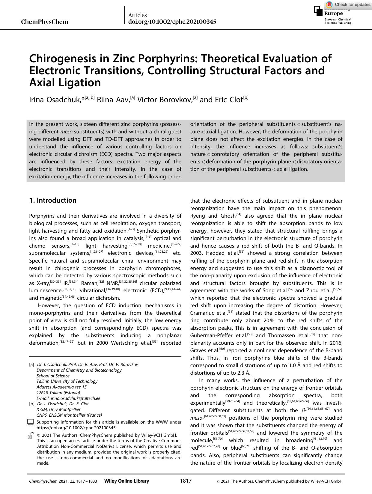 Chirogenesis in Zinc Porphyrins: Theoretical Evaluation of Electronic Transitions, Controlling Structural Factors and Axial Ligation by Unknown