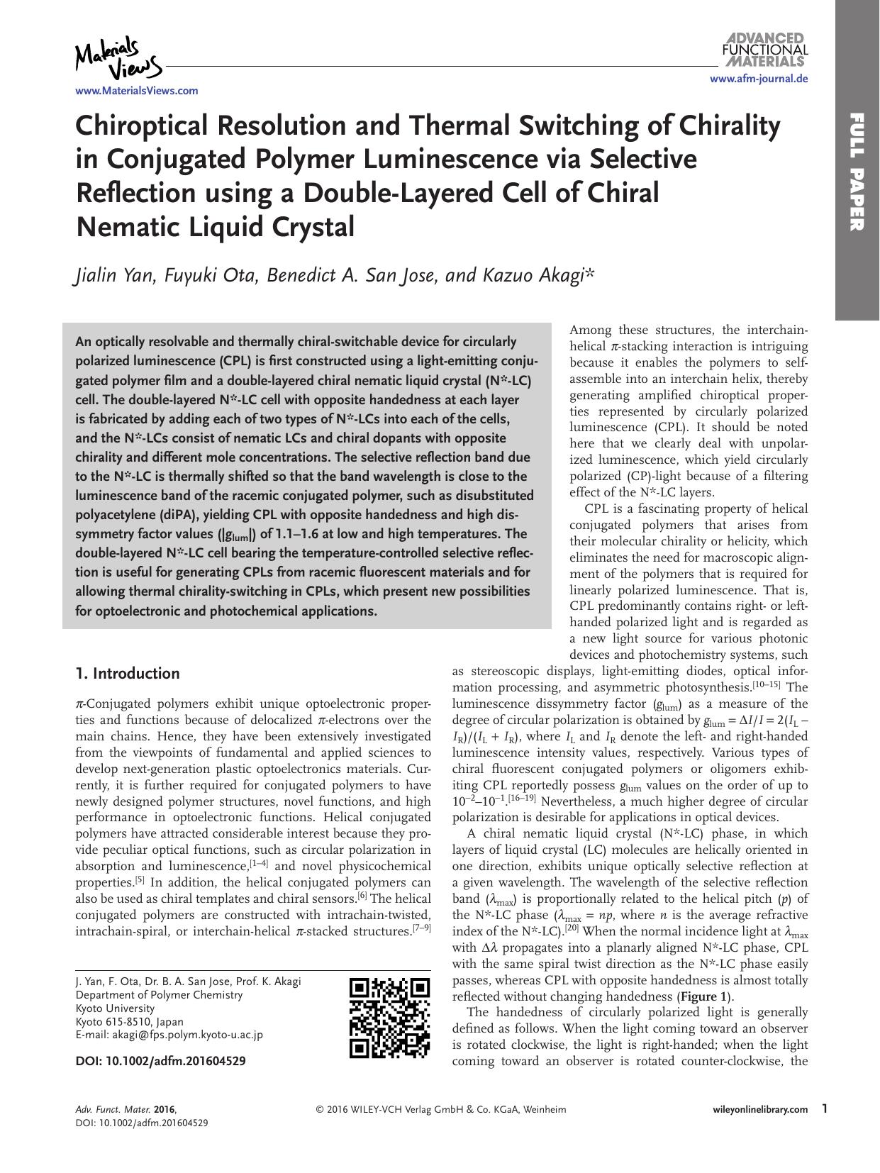 Chiroptical Resolution and Thermal Switching of Chirality in Conjugated Polymer Luminescence via Selective Reflection using a Double‐Layered Cell of Chiral Nematic Liquid Crystal by Unknown